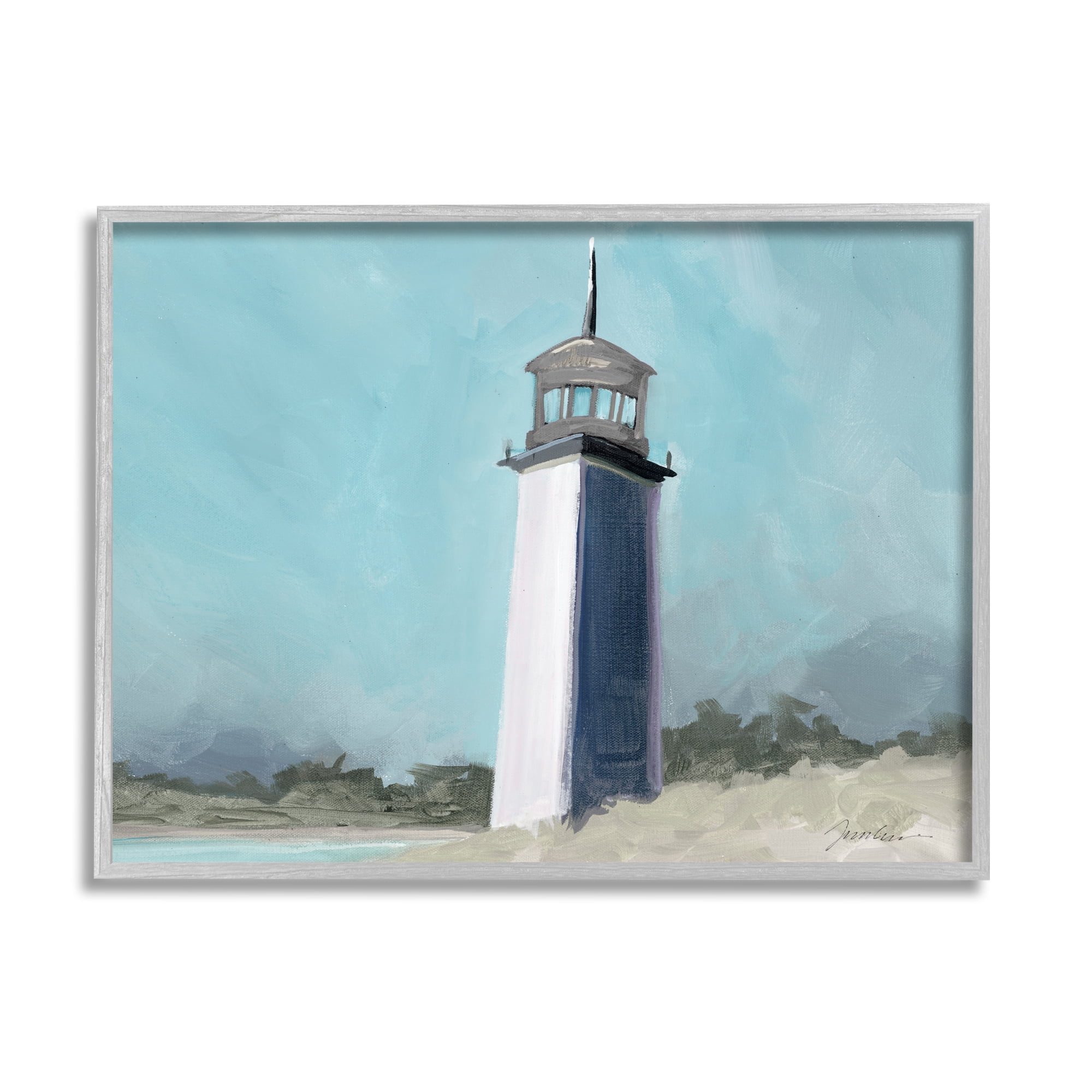 Stupell Industries Muted Lighthouse Landscape Nature Painting Gray Framed Art Print Wall Art, 14 x 11