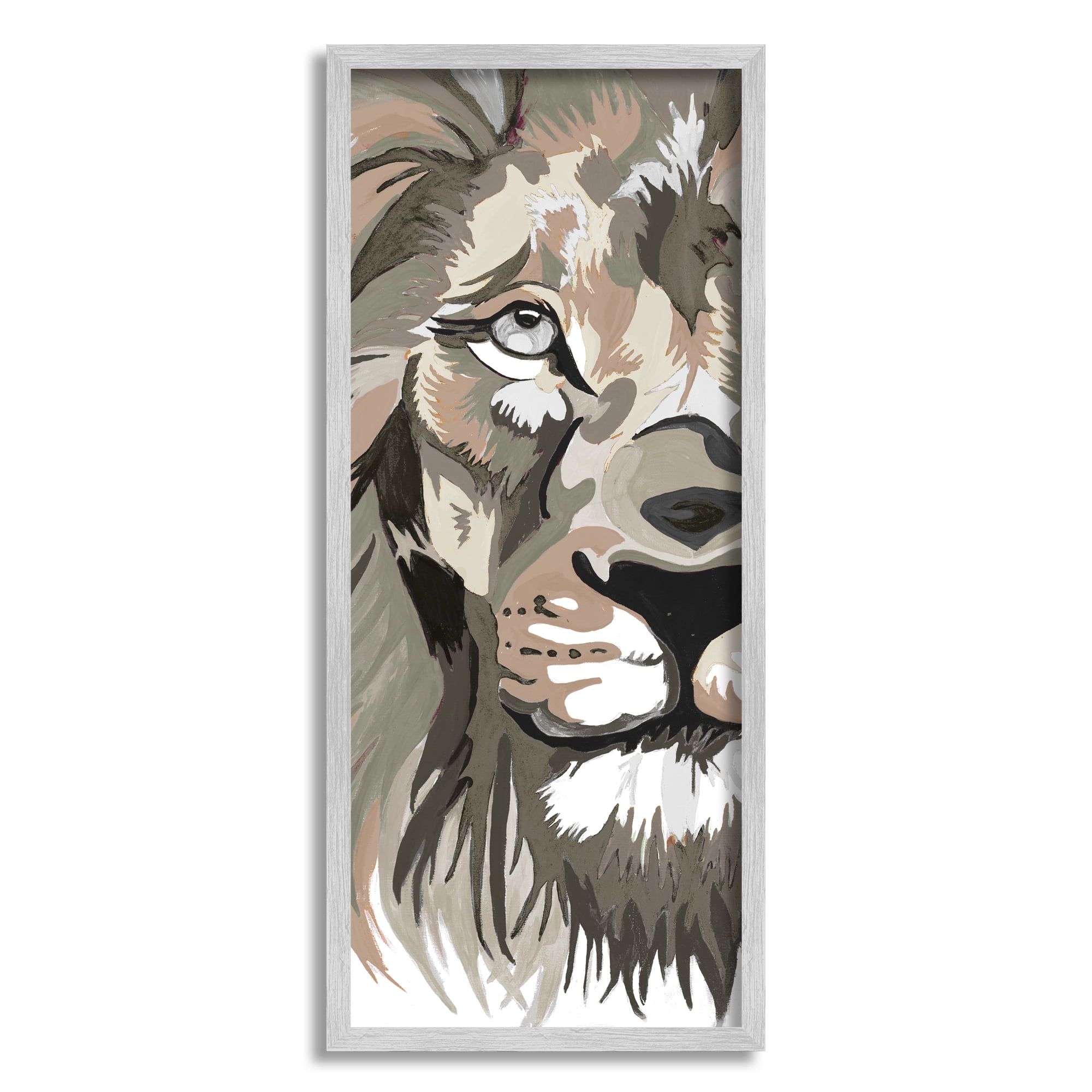 Stupell Industries Muted Lion Face Portrait Animals & Insects Painting Gray Framed Art Print Wall Art, 13 x 30