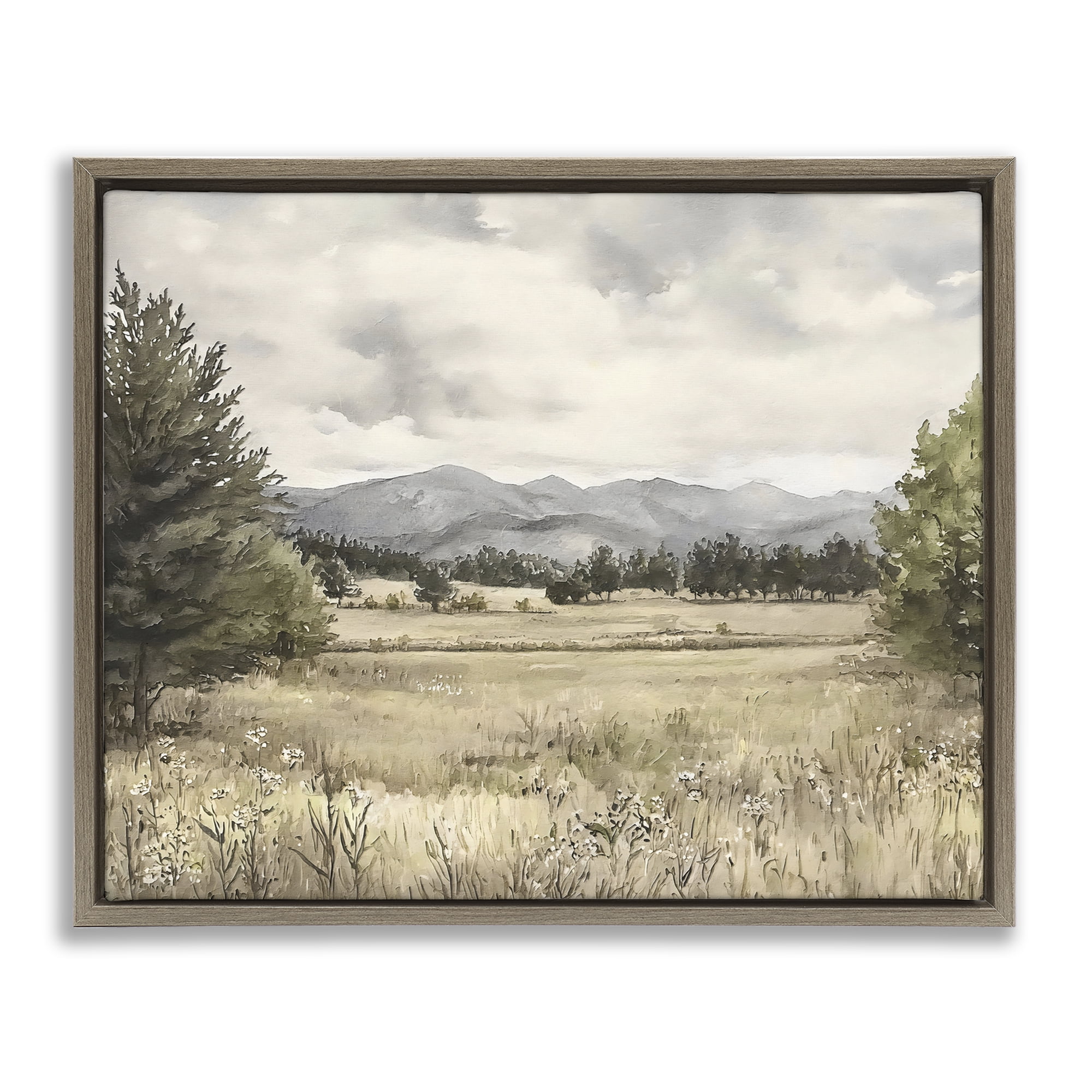 Stupell Industries Muted Mountain Meadow Brown Framed Floater Canvas Wall Art, design by Riley B