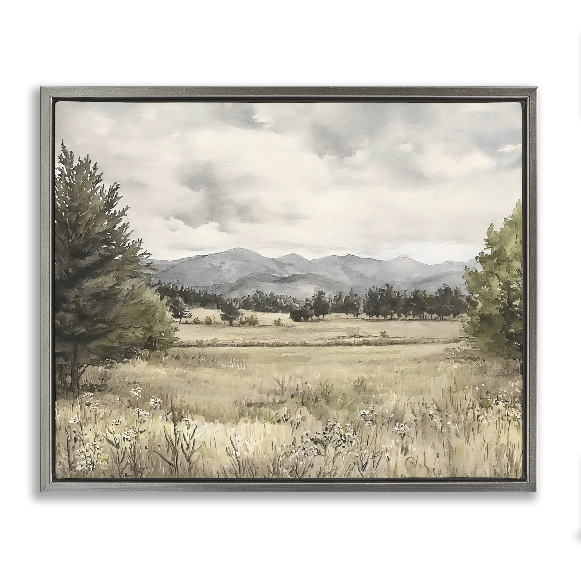 Stupell Industries Muted Mountain Meadow Gray Framed Floater Canvas Wall Art, design by Riley B