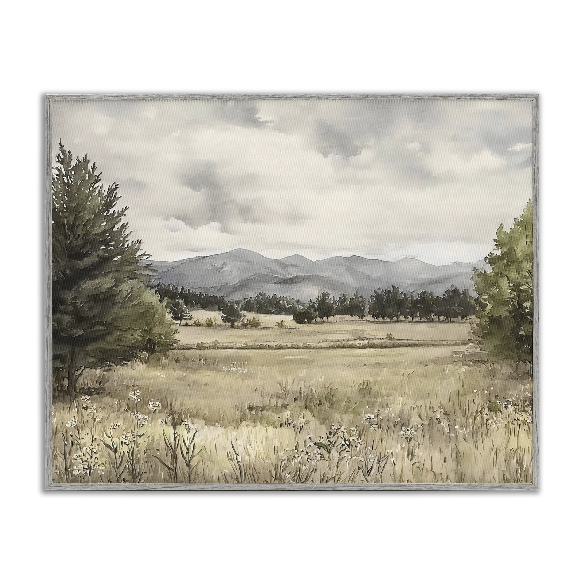 Stupell Industries Muted Mountain Meadow Gray Framed Giclee Art, design by Riley B