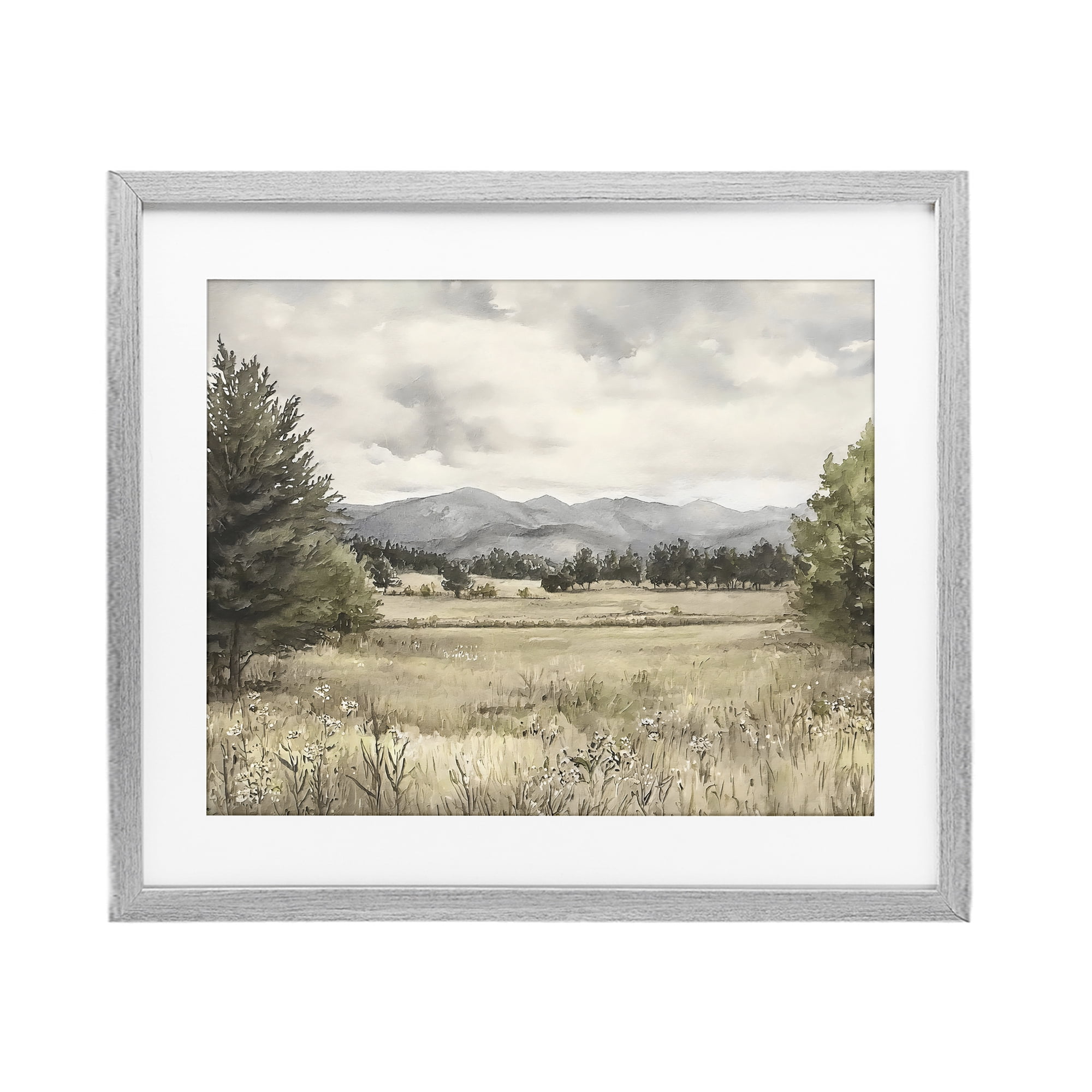 Stupell Industries Muted Mountain Meadow Gray Framed Print Under Glass, design by Riley B