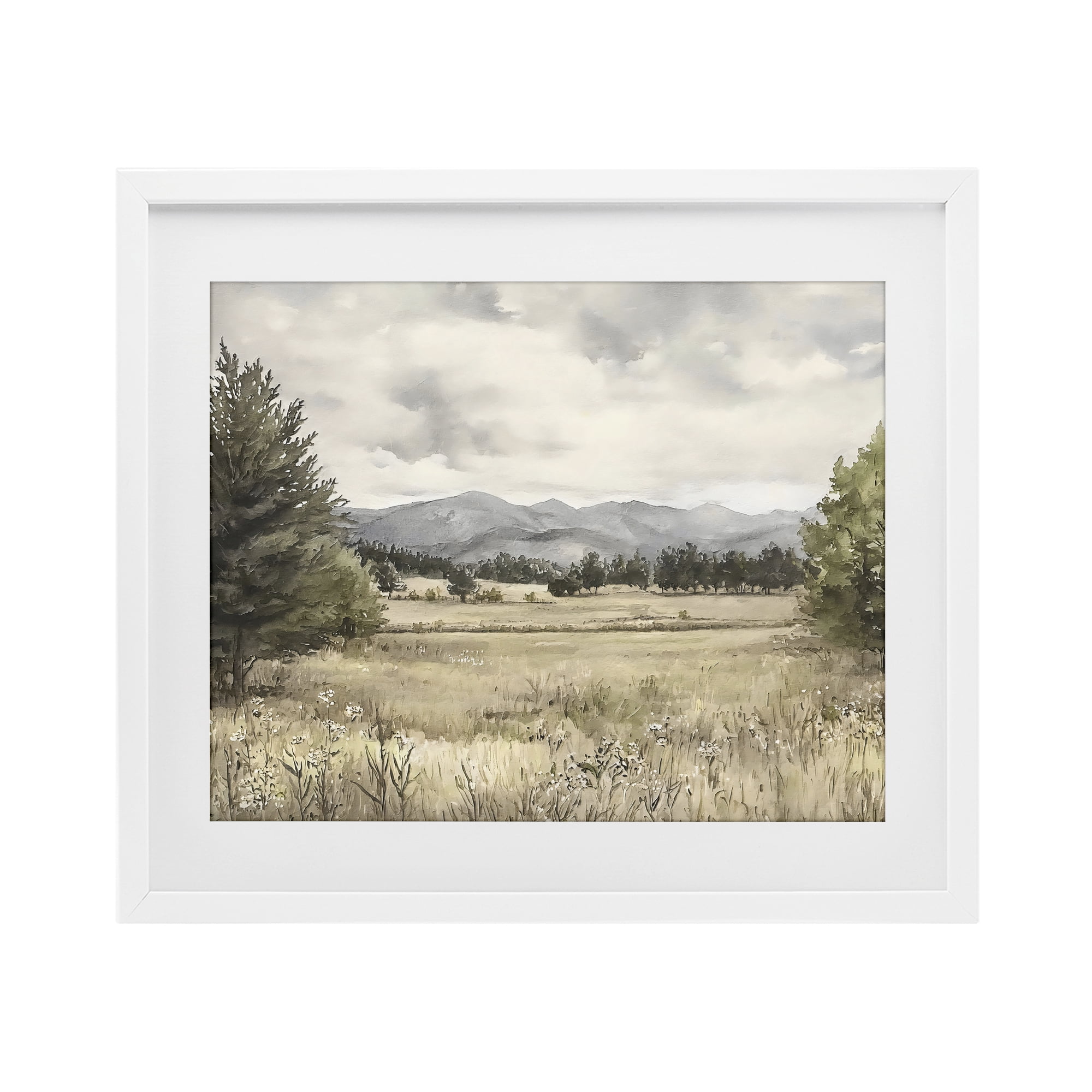Stupell Industries Muted Mountain Meadow White Framed Print Under Glass, design by Riley B