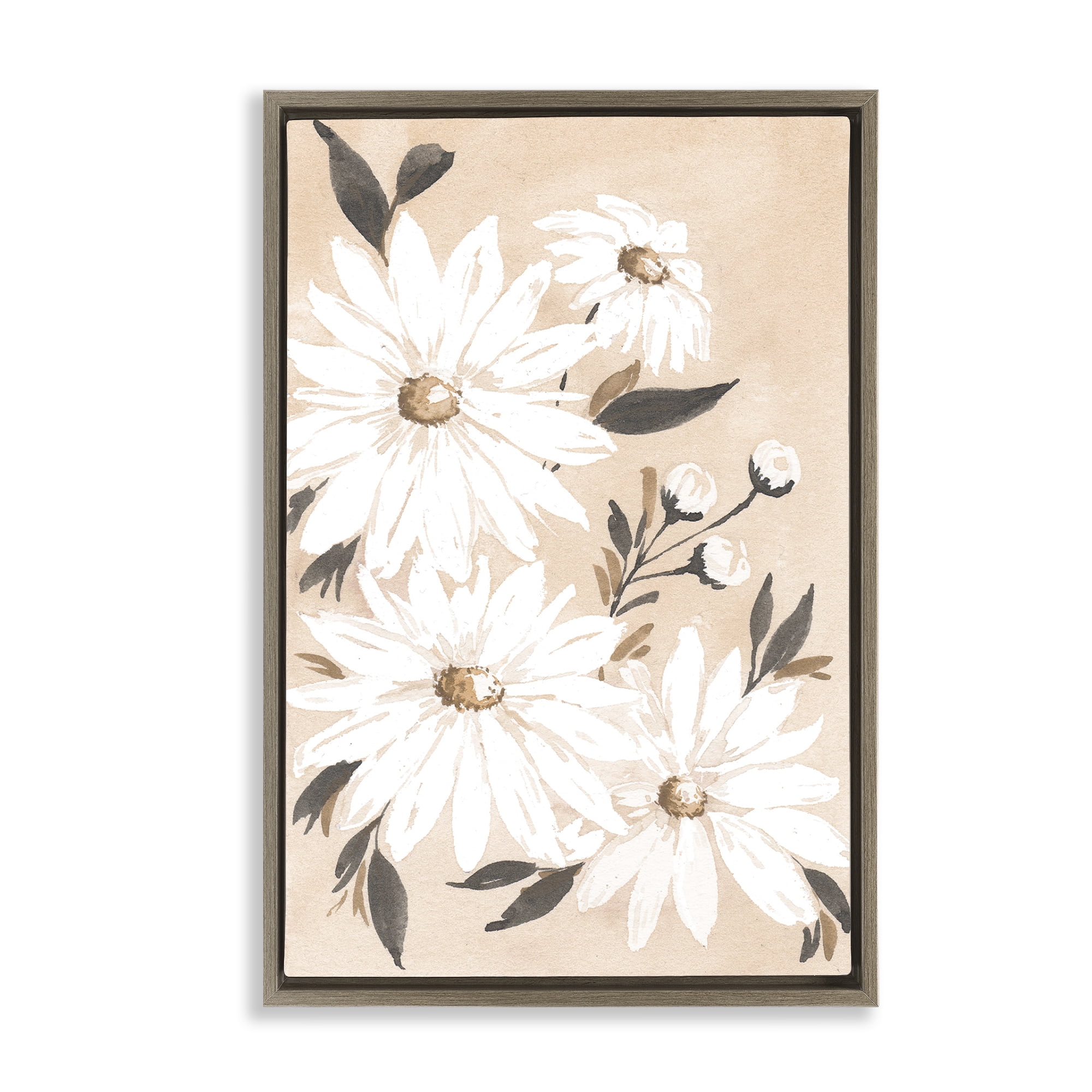 Stupell Industries Muted Neutral Daisies Botanical & Floral Painting Brown Floater Framed Art Print Wall Art, 17 x 25