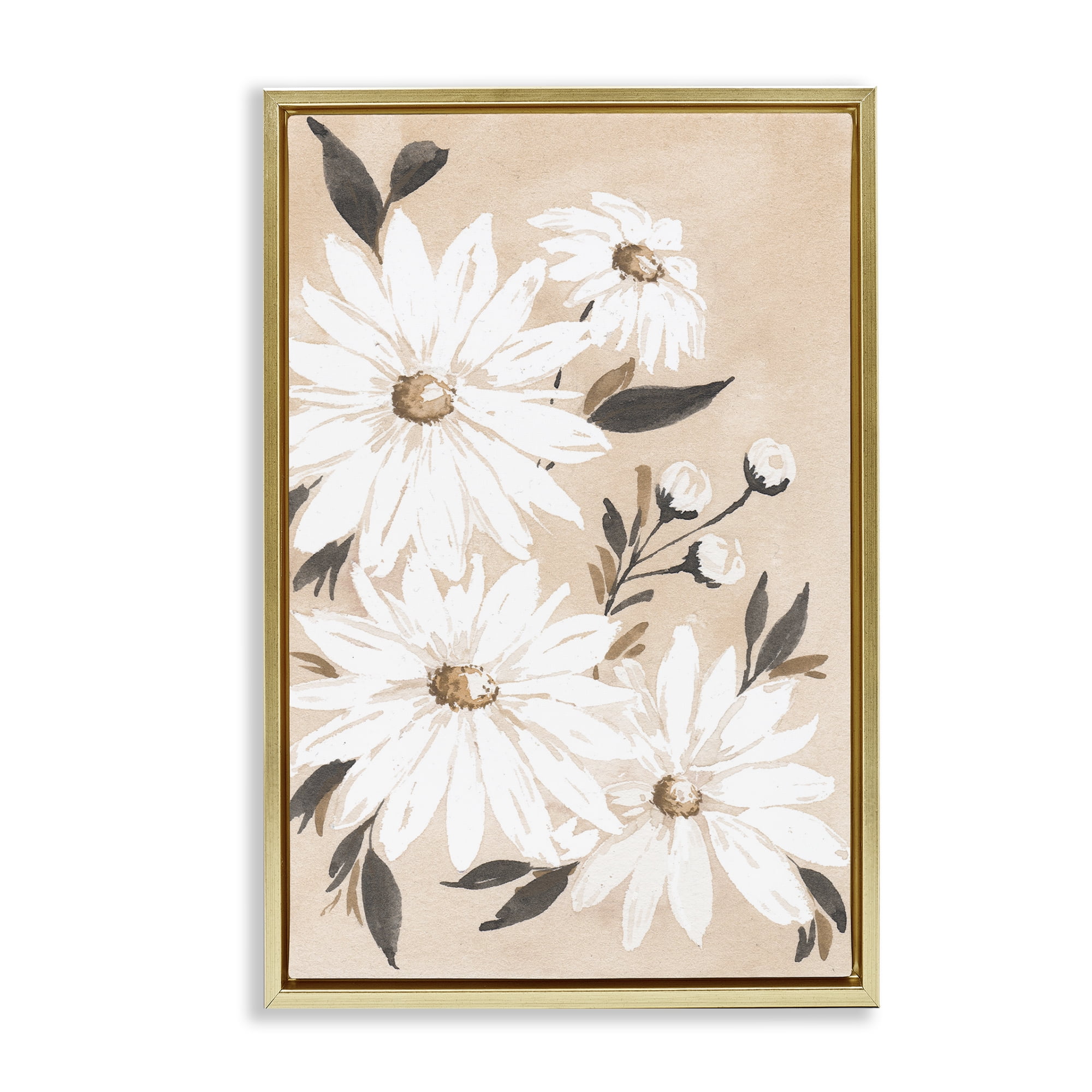 Stupell Industries Muted Neutral Daisies Botanical & Floral Painting Gold Floater Framed Art Print Wall Art, 21 x 31