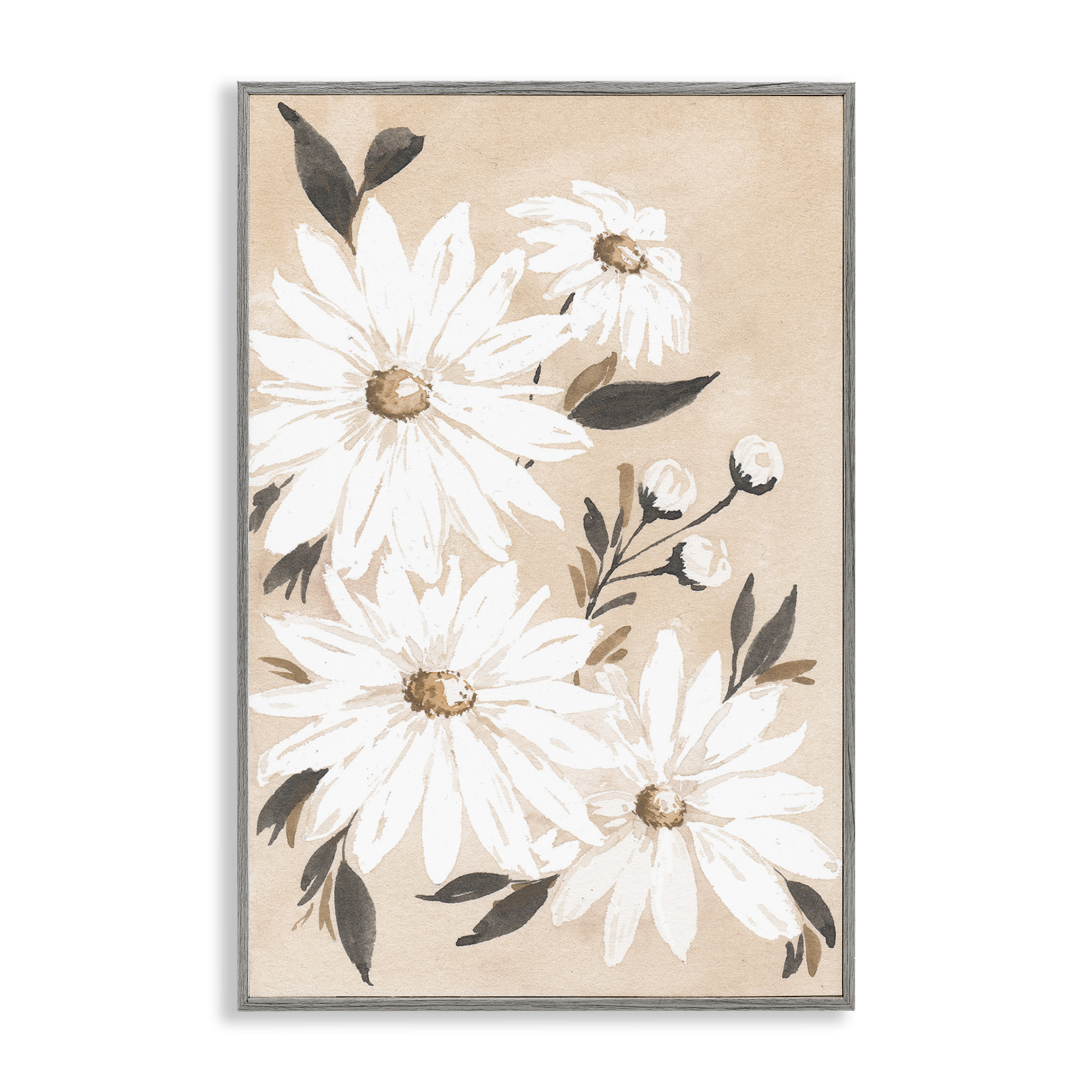 Stupell Industries Muted Neutral Daisies Botanical & Floral Painting Gray Framed Art Print Wall Art, 16 x 24