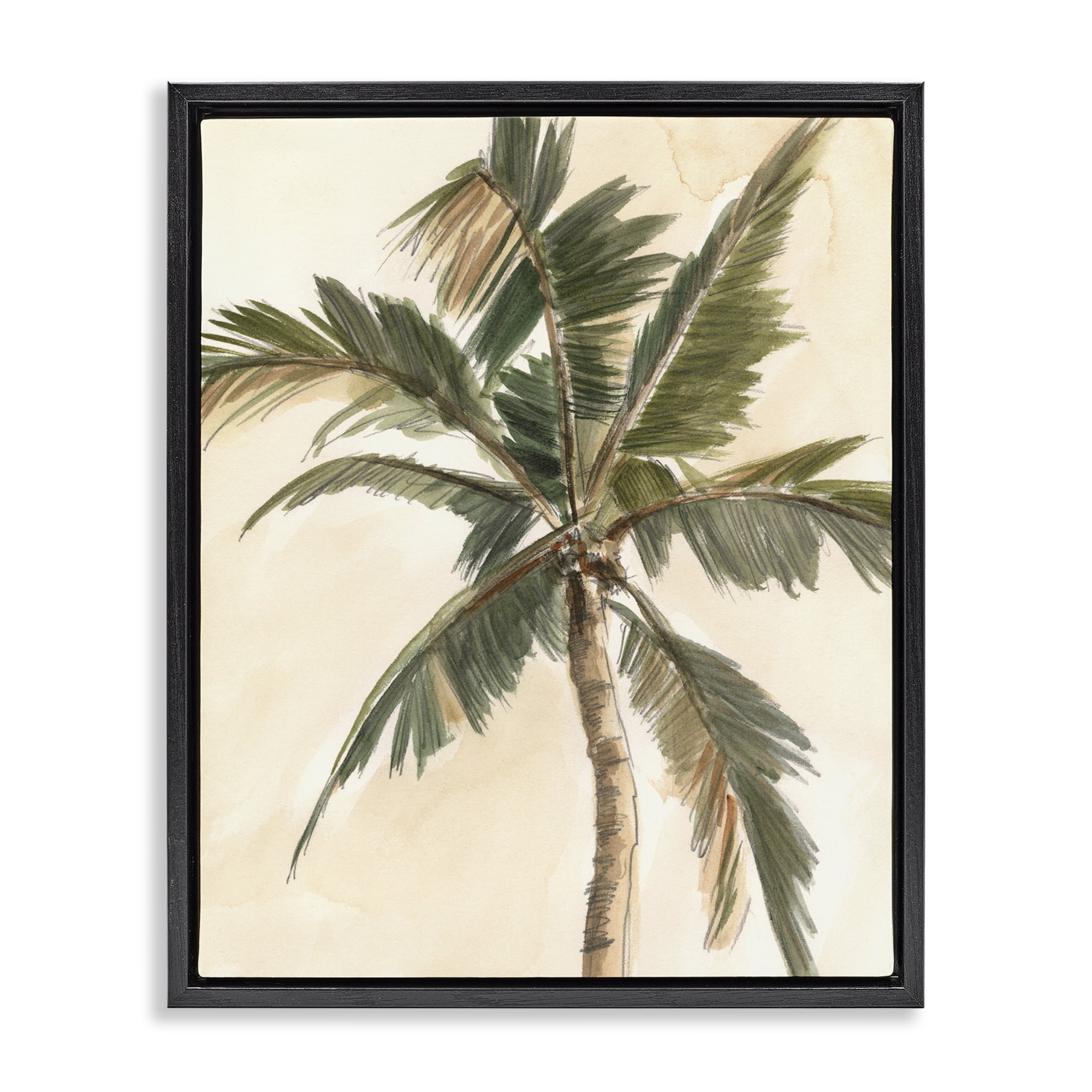 Stupell Industries Muted Palm Tree Plants & Flowers Painting Black Floater Framed Canvas Art Print Wall Art, 17 x 21