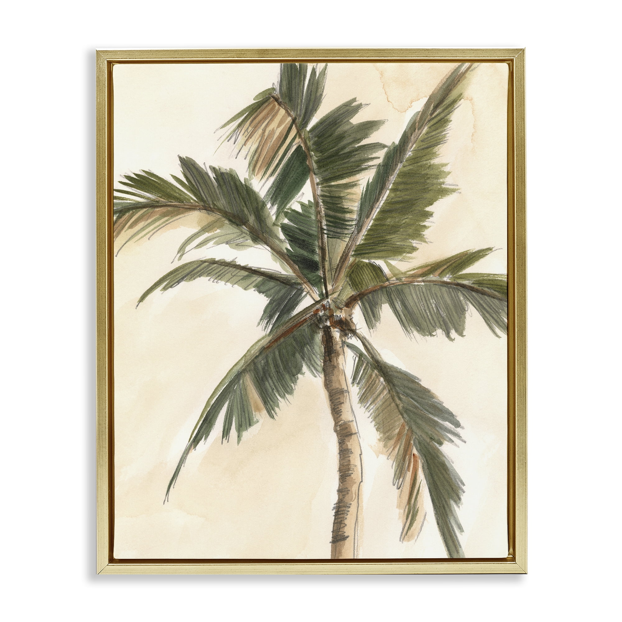 Stupell Industries Muted Palm Tree Plants & Flowers Painting Gold Floater Framed Canvas Art Print Wall Art, 25 x 31