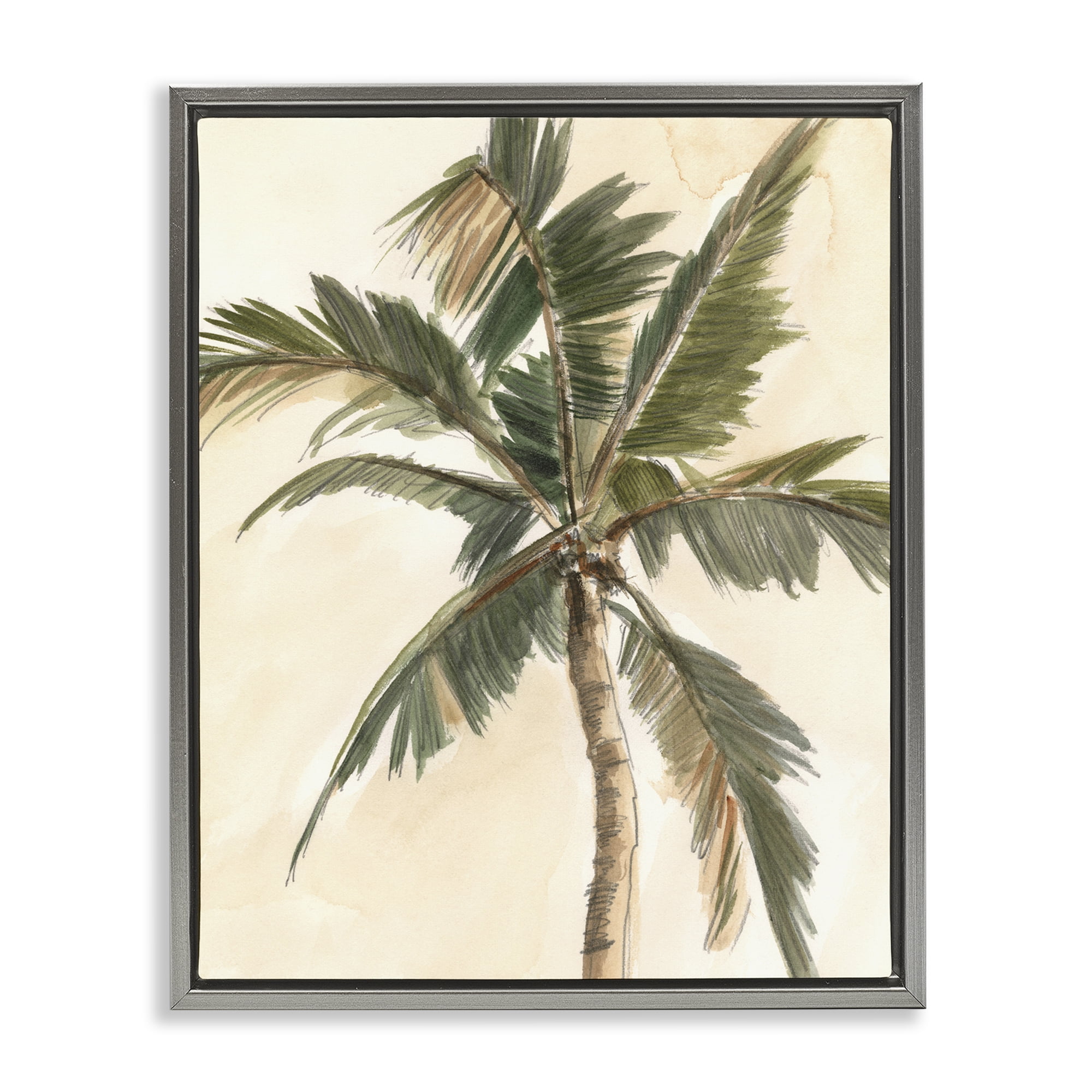 Stupell Industries Muted Palm Tree Plants & Flowers Painting Gray Floater Framed Canvas Art Print Wall Art, 17 x 21