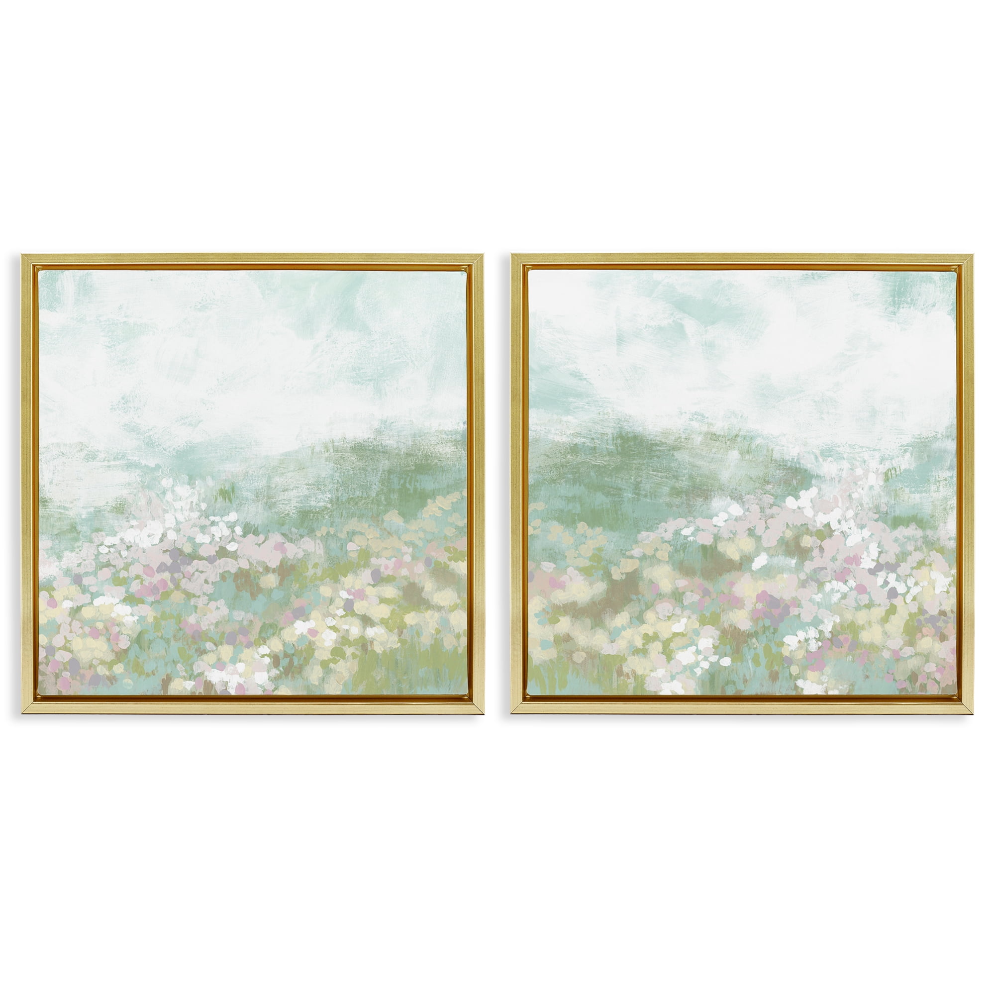 Stupell Industries Muted Pastel Flower Field Landscape & Nature Painting Gold Floater Framed Canvas Art Print Wall Art, 18 x 18, Set of 2