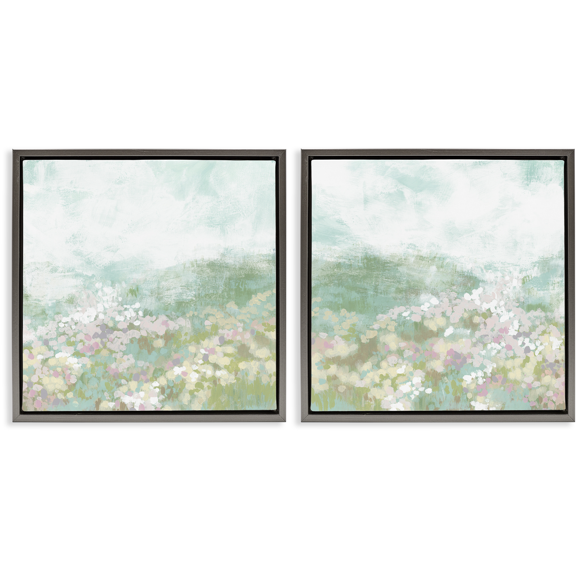 Stupell Industries Muted Pastel Flower Field Landscape & Nature Painting Gray Floater Framed Canvas Art Print Wall Art, 18 x 18, Set of 2