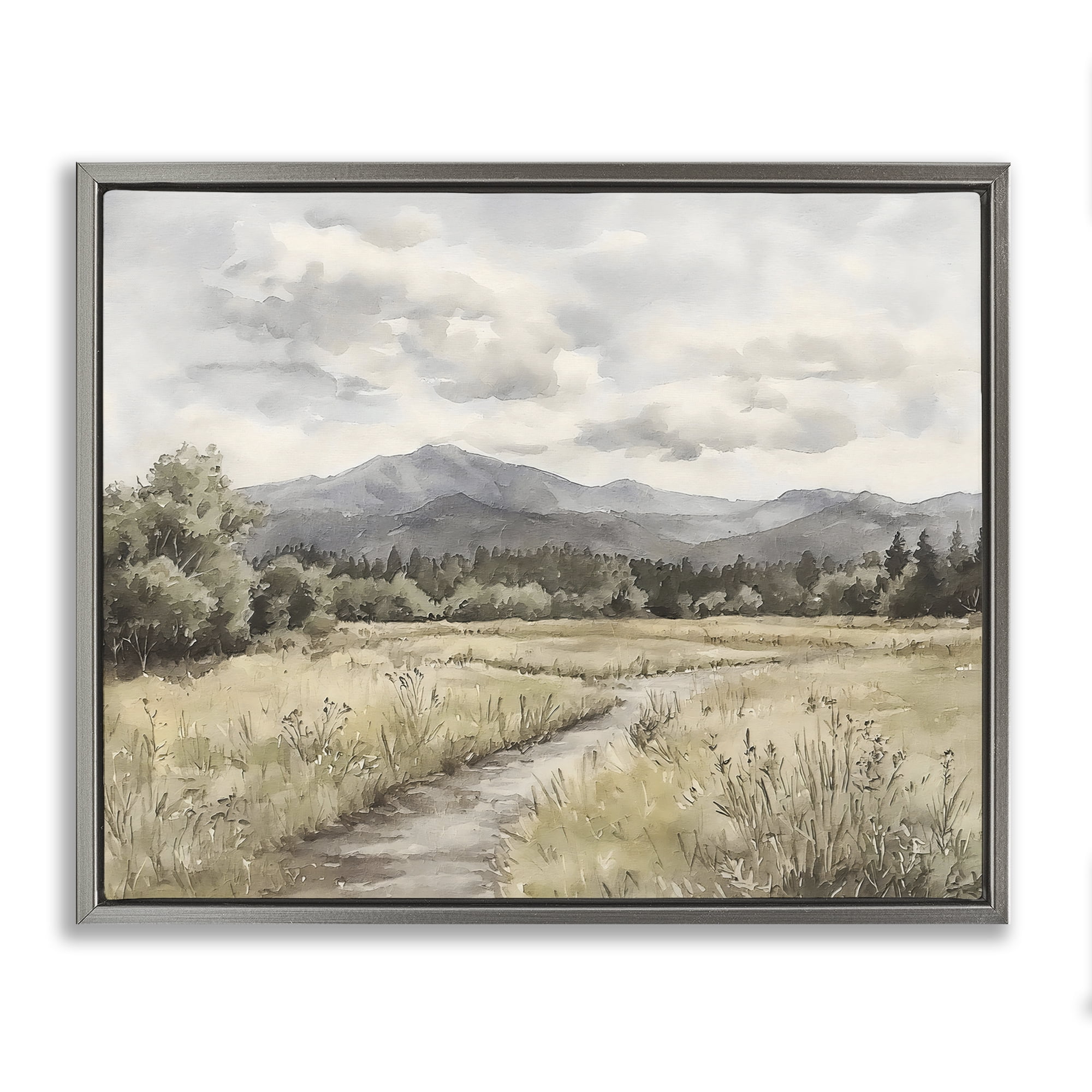 Stupell Industries Muted Pathway to Mountains Gray Framed Floater Canvas Wall Art, design by Riley B