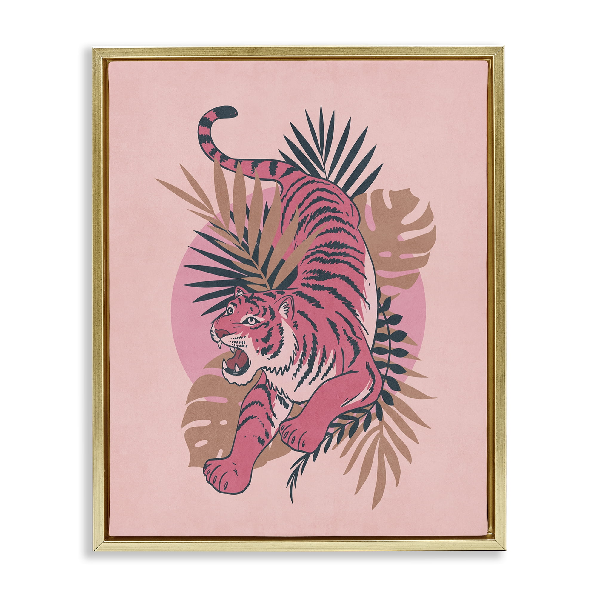 Stupell Industries Muted Retro Tiger Animals Painting Gold Floater Framed Canvas Art Print Wall Art, 17 x 21