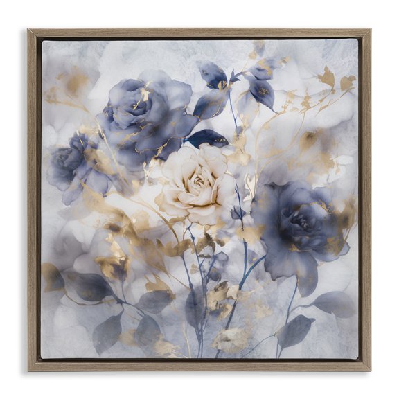 Stupell Industries Muted Roses with Glam Detail Floral Painting Brown Floater Framed Canvas Art Print Wall Art, 25 x 25