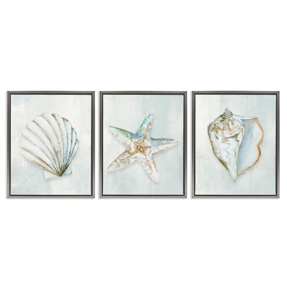 Stupell Industries Muted Sea Life Serenity 3 Piece Gray Framed Floater Canvas Set design by Hannah Dawson, 21 x 17