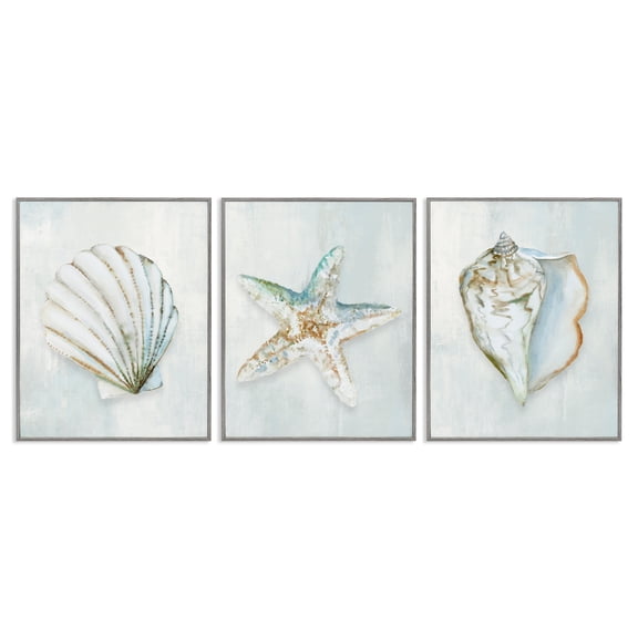 Stupell Industries Muted Sea Life Serenity 3 Piece Gray Framed Giclee Art Set design by Hannah Dawson, 20 x 16