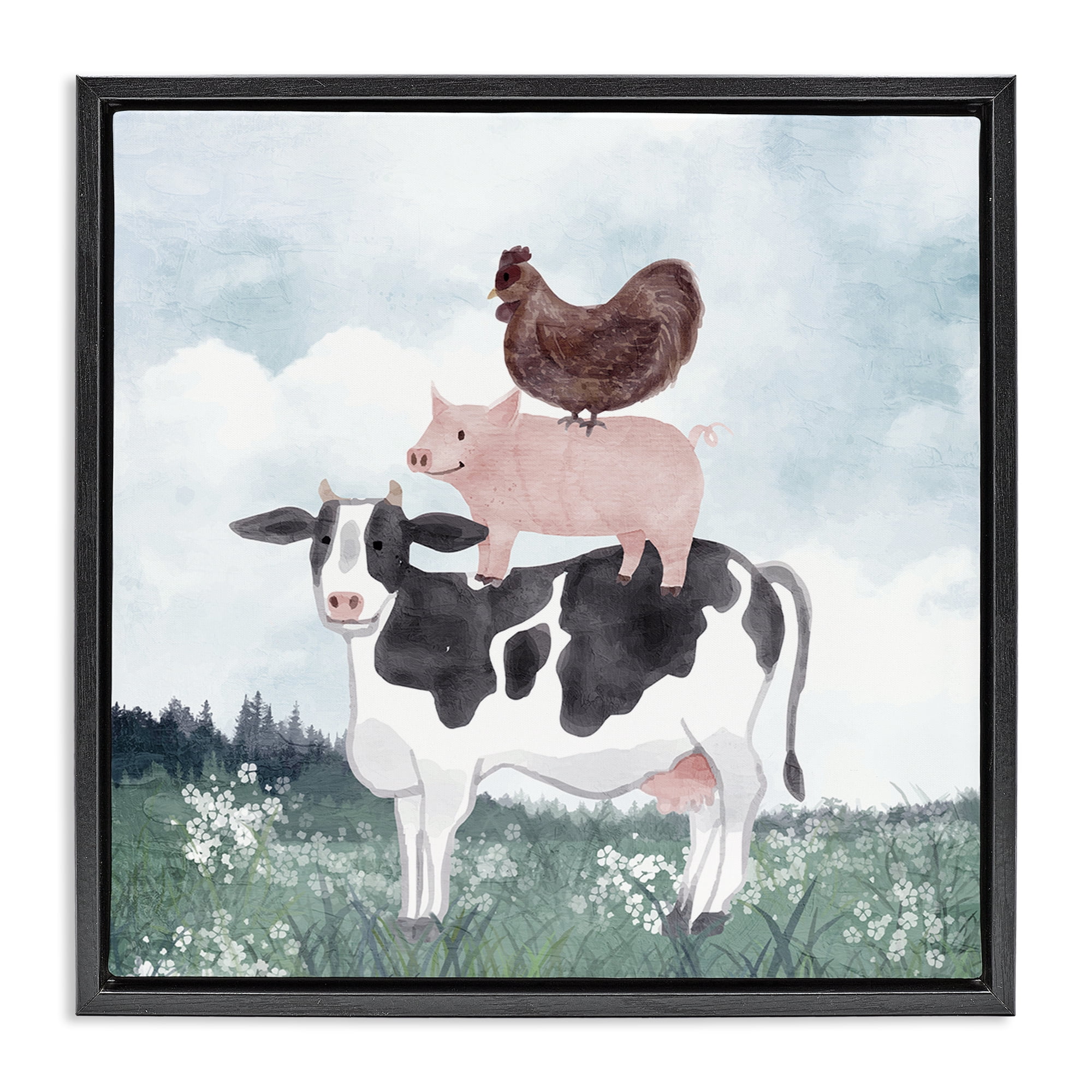 Stupell Industries Muted Stacked Farm Animals Black Framed Floater Canvas Wall Art, design by Kim Allen