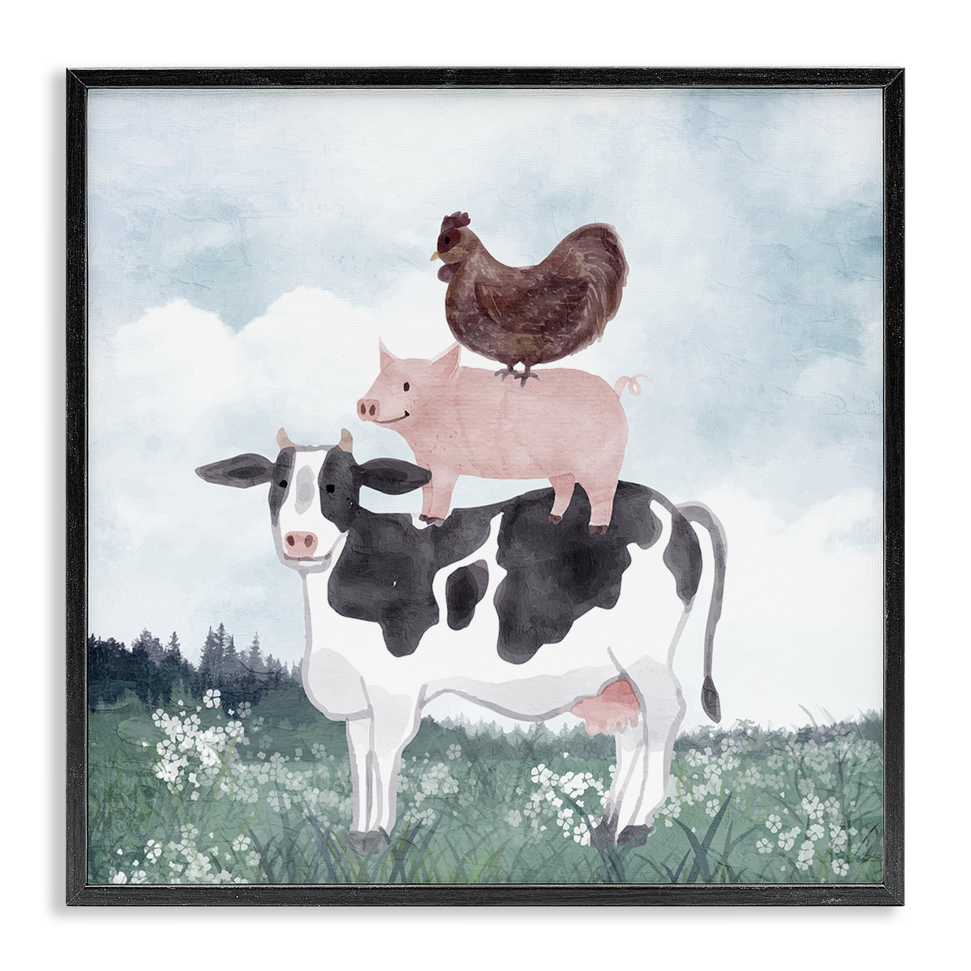 Stupell Industries Muted Stacked Farm Animals Black Framed Giclee Art, design by Kim Allen