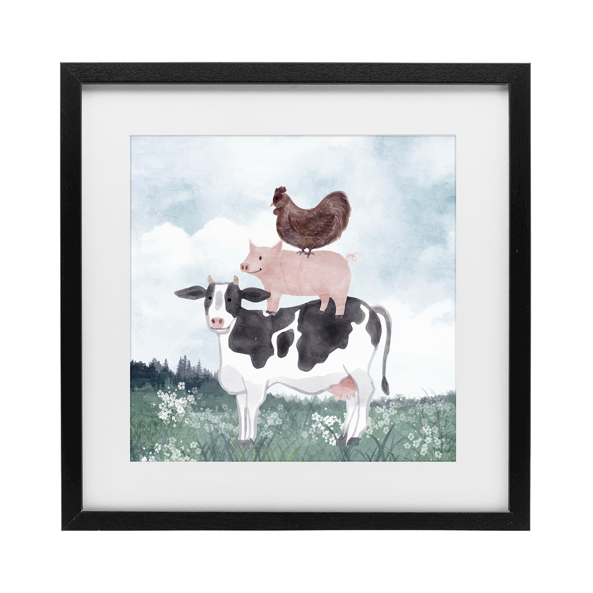 Stupell Industries Muted Stacked Farm Animals Black Framed Print Under Glass, design by Kim Allen