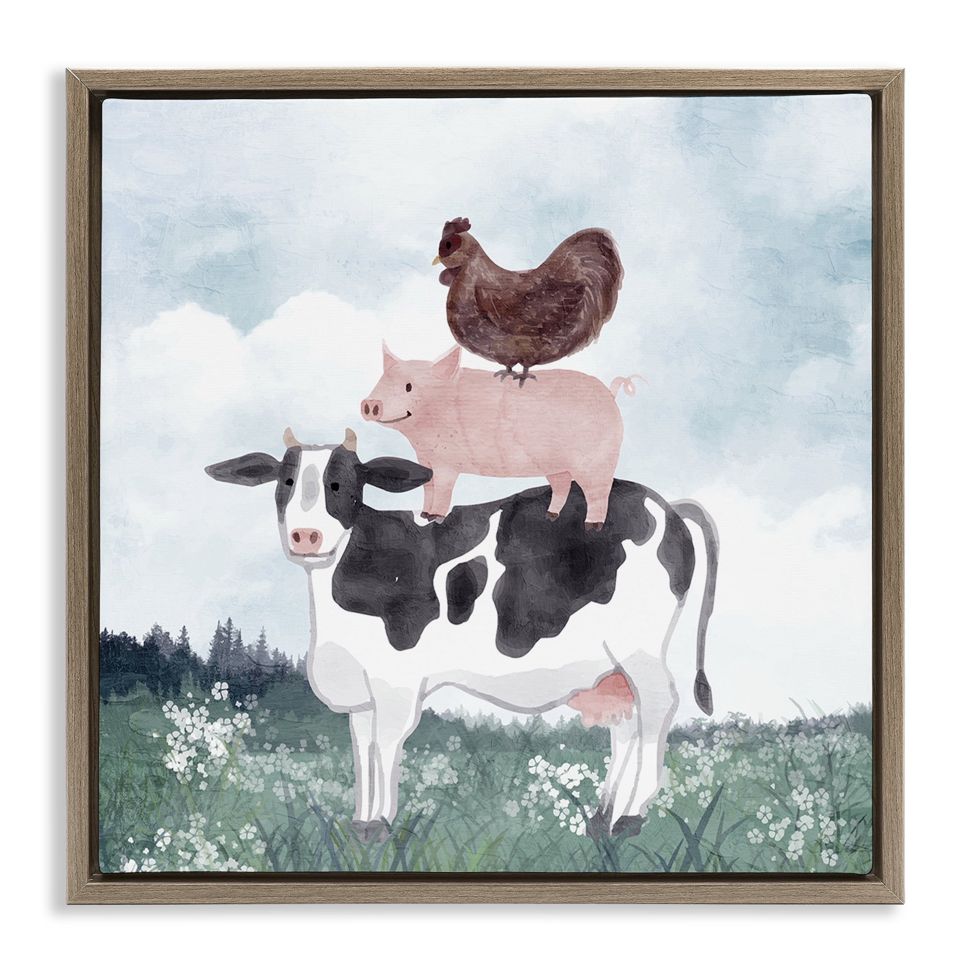 Stupell Industries Muted Stacked Farm Animals Brown Framed Floater Canvas Wall Art, design by Kim Allen
