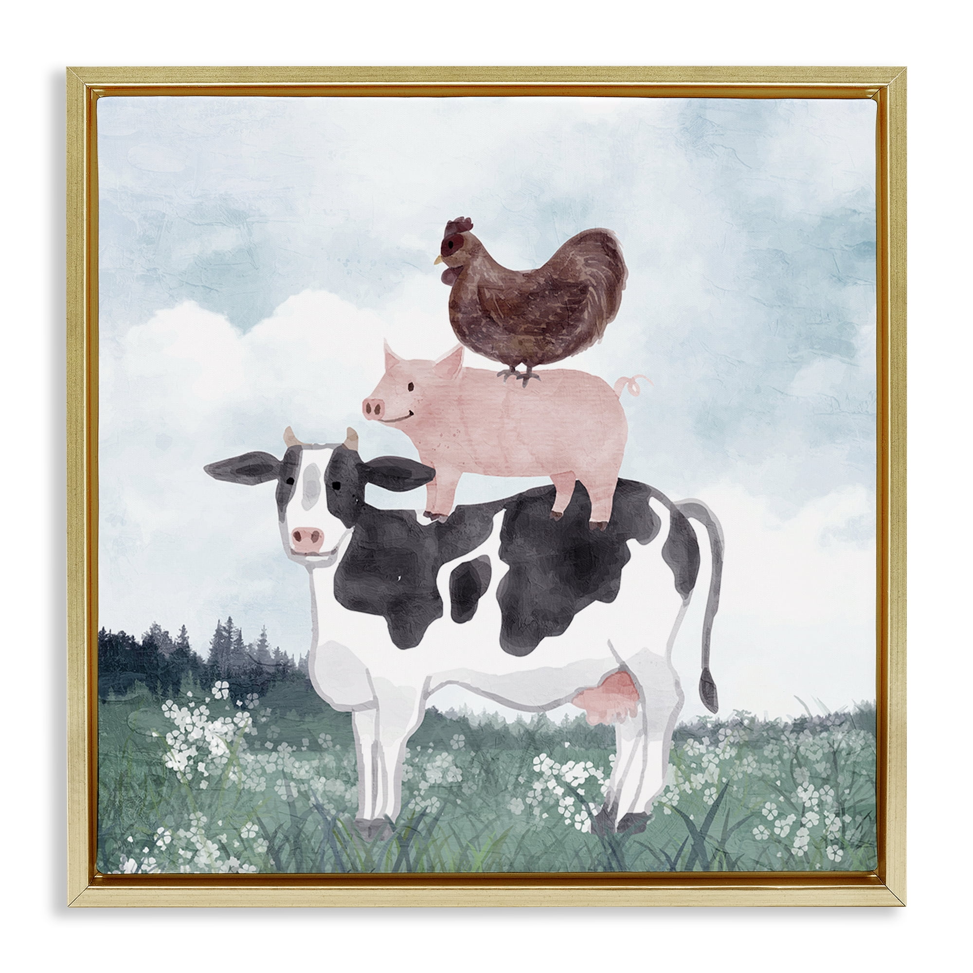Stupell Industries Muted Stacked Farm Animals Gold Framed Floater Canvas Wall Art, design by Kim Allen