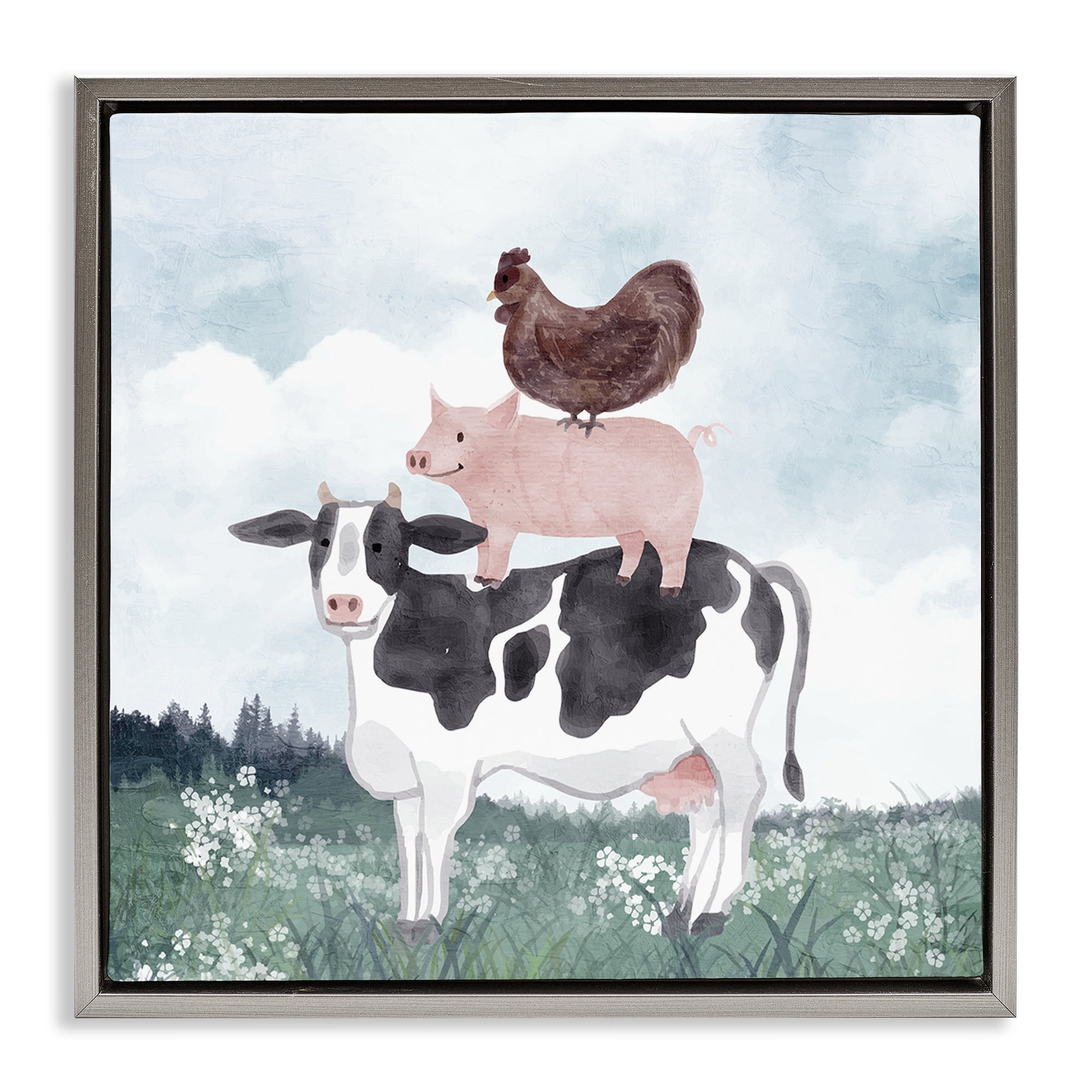 Stupell Industries Muted Stacked Farm Animals Gray Framed Floater Canvas Wall Art, design by Kim Allen