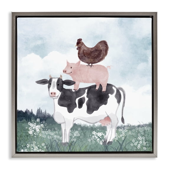 Stupell Industries Rustic Lodge Muted Stacked Farm Animals Gray Floating Frame Canvas Art, 25 x 25, by Kim Allen