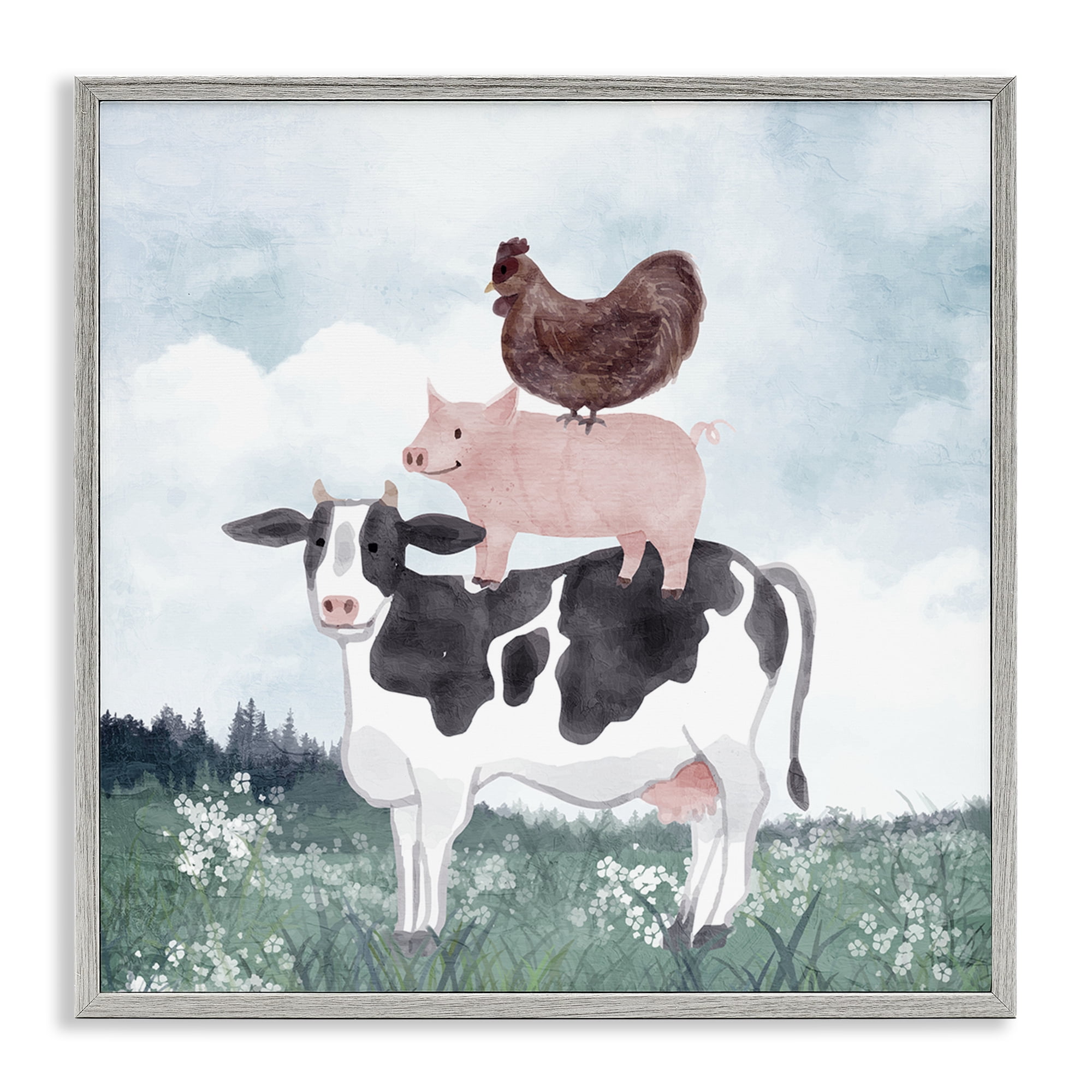 Stupell Industries Muted Stacked Farm Animals Gray Framed Giclee Art, design by Kim Allen