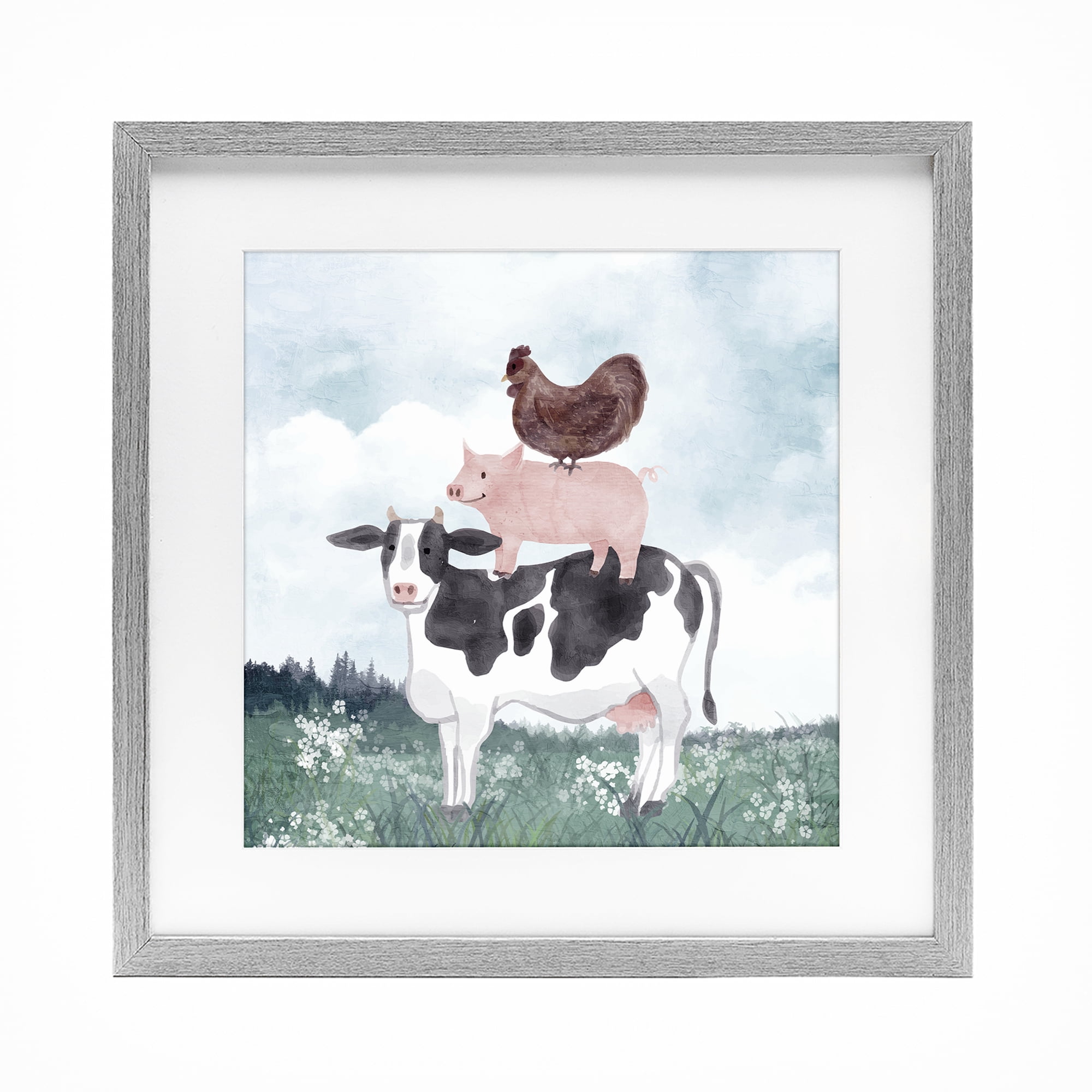 Stupell Industries Muted Stacked Farm Animals Gray Framed Print Under Glass, design by Kim Allen