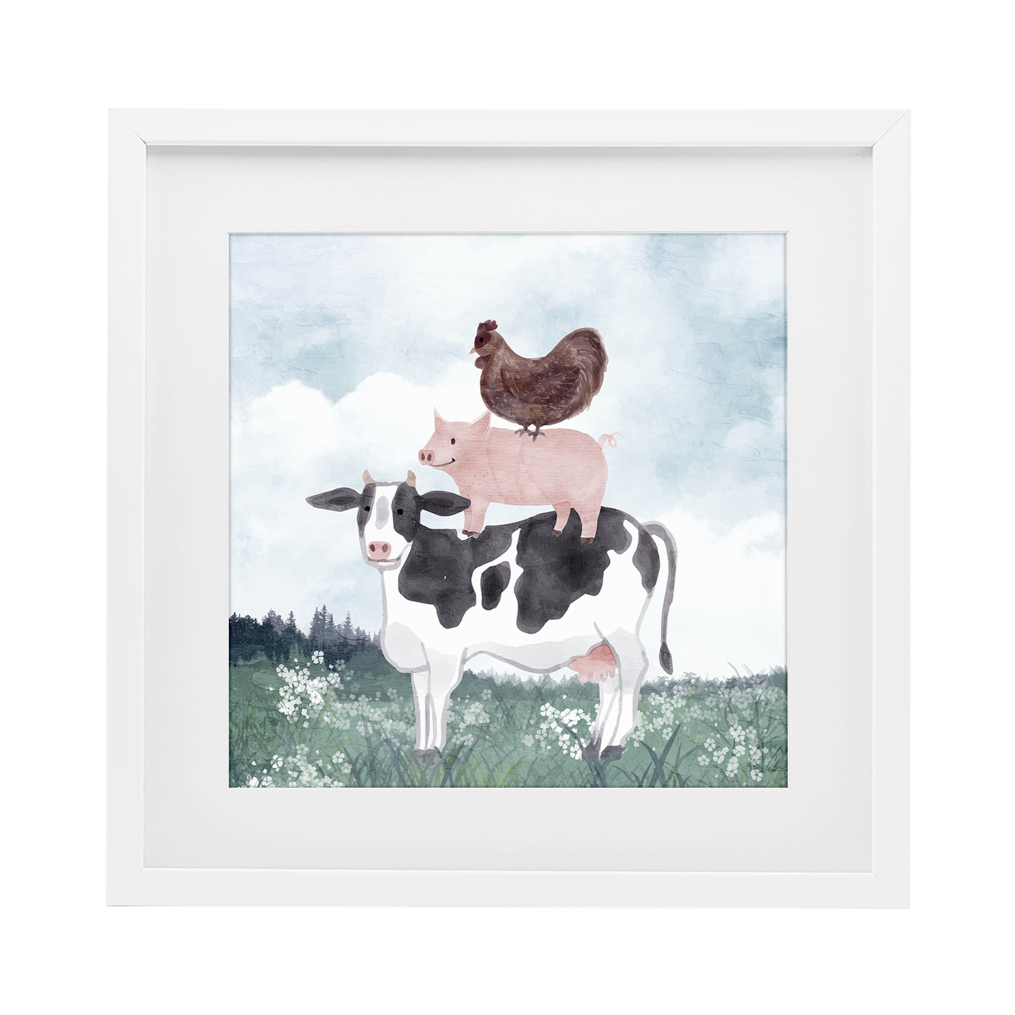 Stupell Industries Muted Stacked Farm Animals White Framed Print Under Glass, design by Kim Allen
