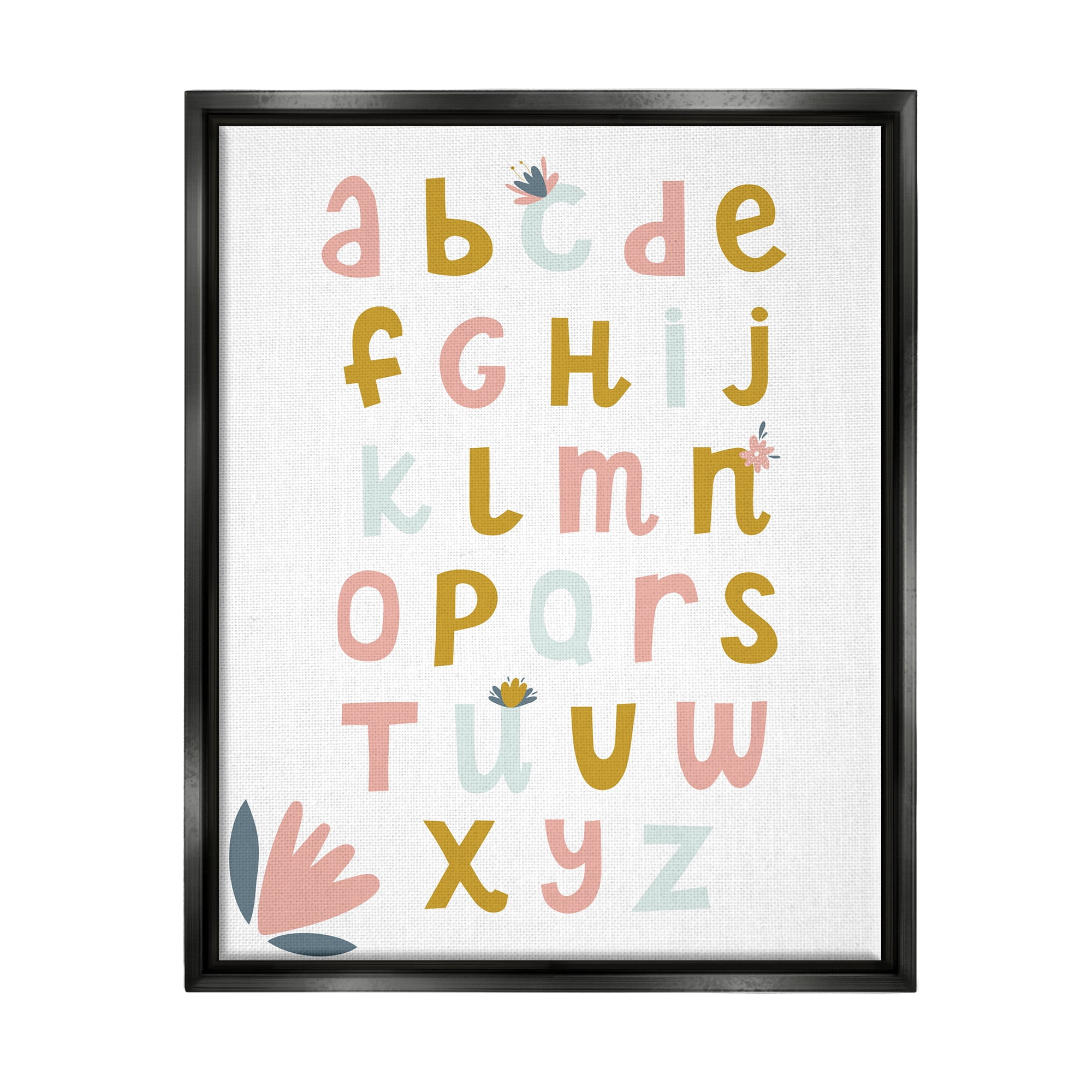 Stupell Industries Muted Tones Floral Alphabet Typography Painting Black Floater Framed Canvas Art Print Wall Art, 25 x 31
