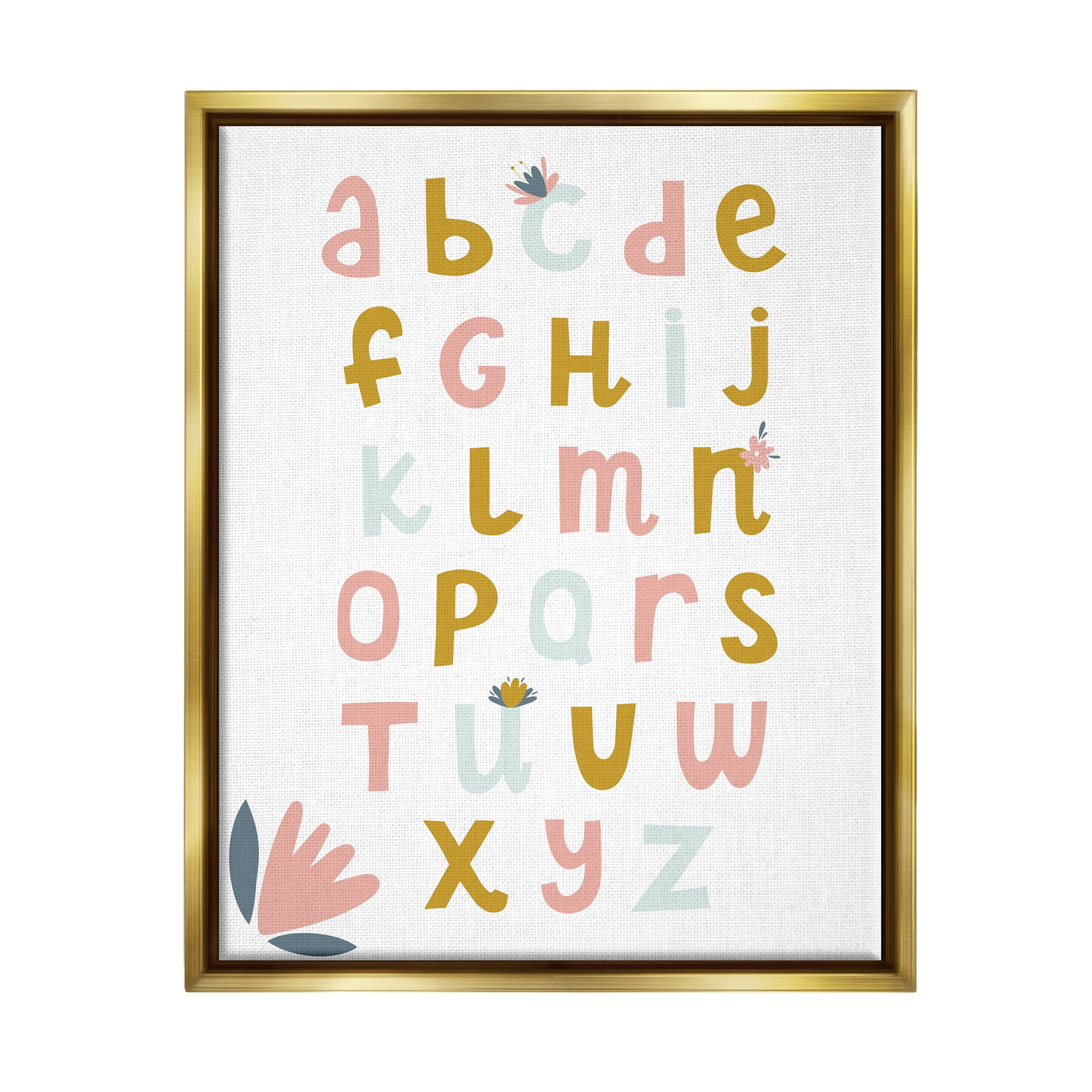 Stupell Industries Muted Tones Floral Alphabet Typography Painting Gold Floater Framed Canvas Art Print Wall Art, 25 x 31