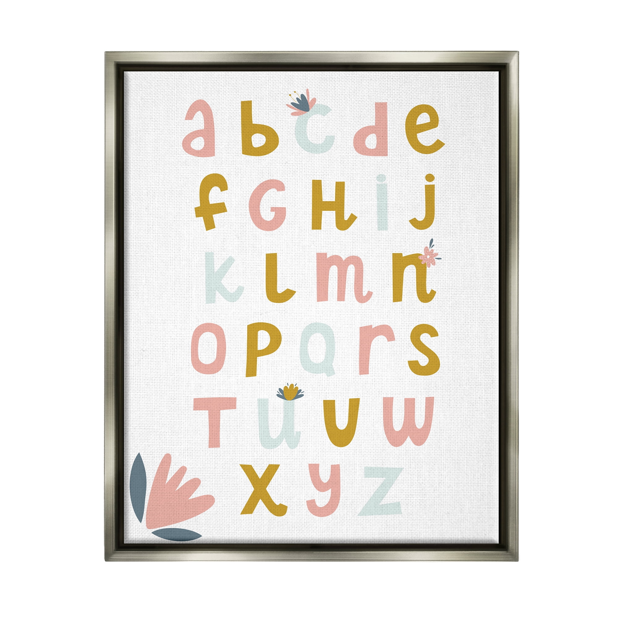 Stupell Industries Muted Tones Floral Alphabet Typography Painting Gray Floater Framed Canvas Art Print Wall Art, 25 x 31