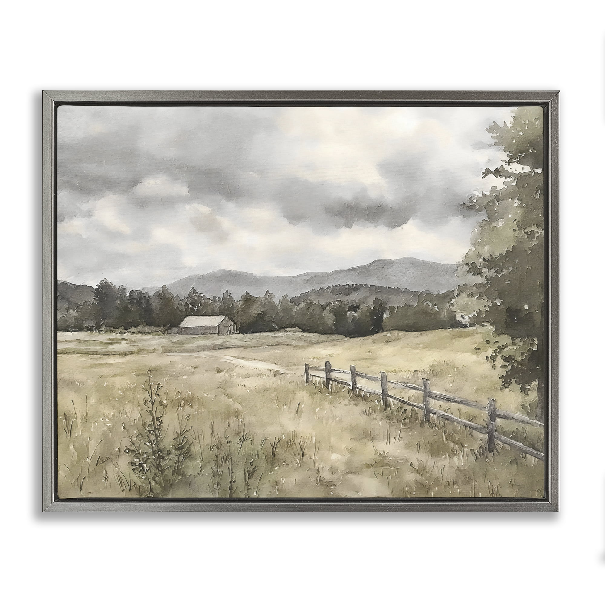 Stupell Industries Muted Valley Cottage Gray Framed Floater Canvas Wall Art, design by Riley B