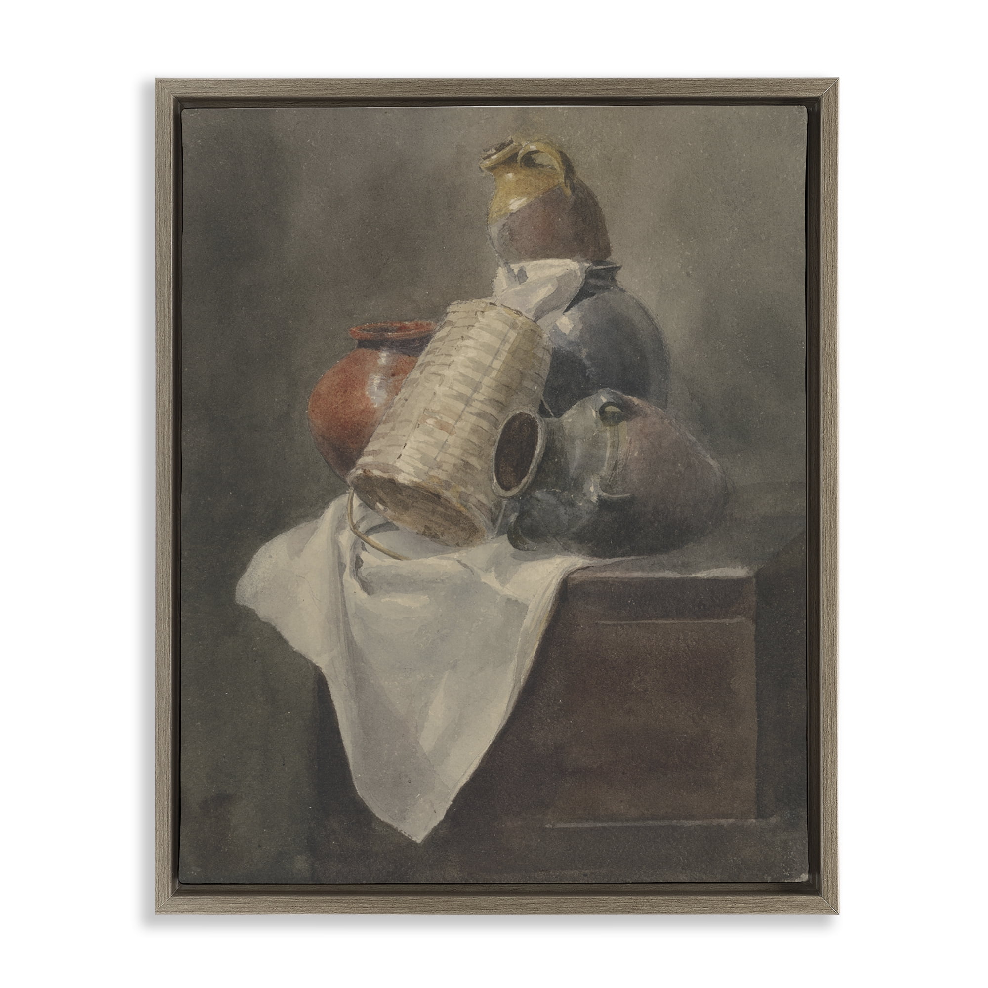Stupell Industries Muted Vases Still Life History & Language Painting Brown Floater Framed Canvas Art Print Wall Art, 17 x 21