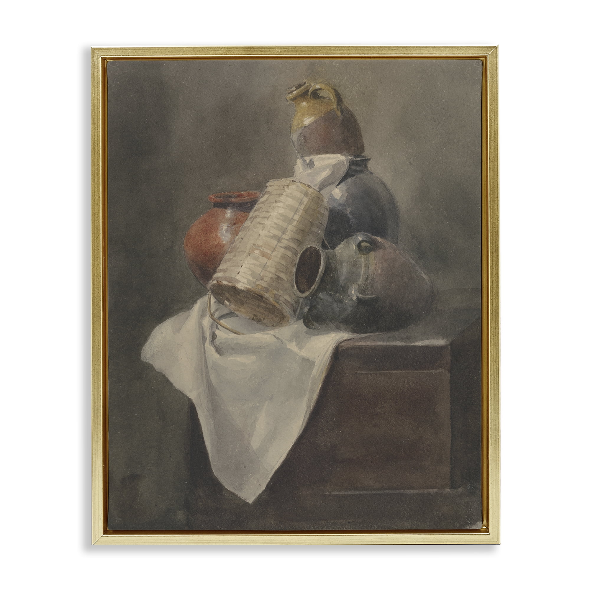 Stupell Industries Muted Vases Still Life History & Language Painting Gold Floater Framed Canvas Art Print Wall Art, 17 x 21