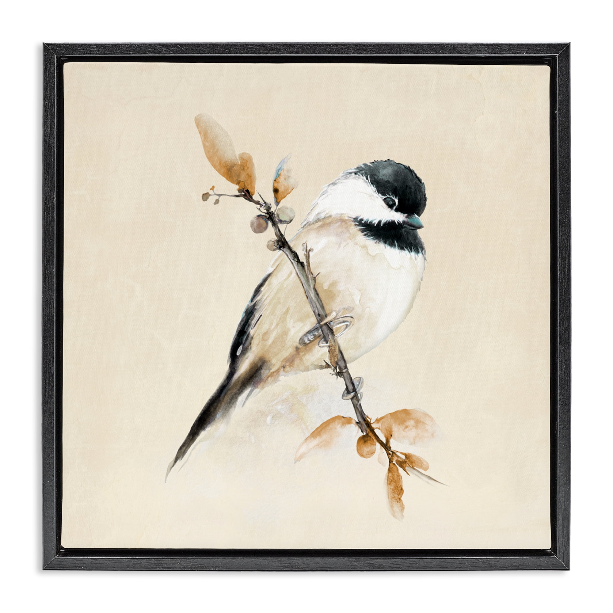 Stupell Industries Muted Watercolor Chickadee Black Framed Floater Canvas Wall Art, design by Diannart