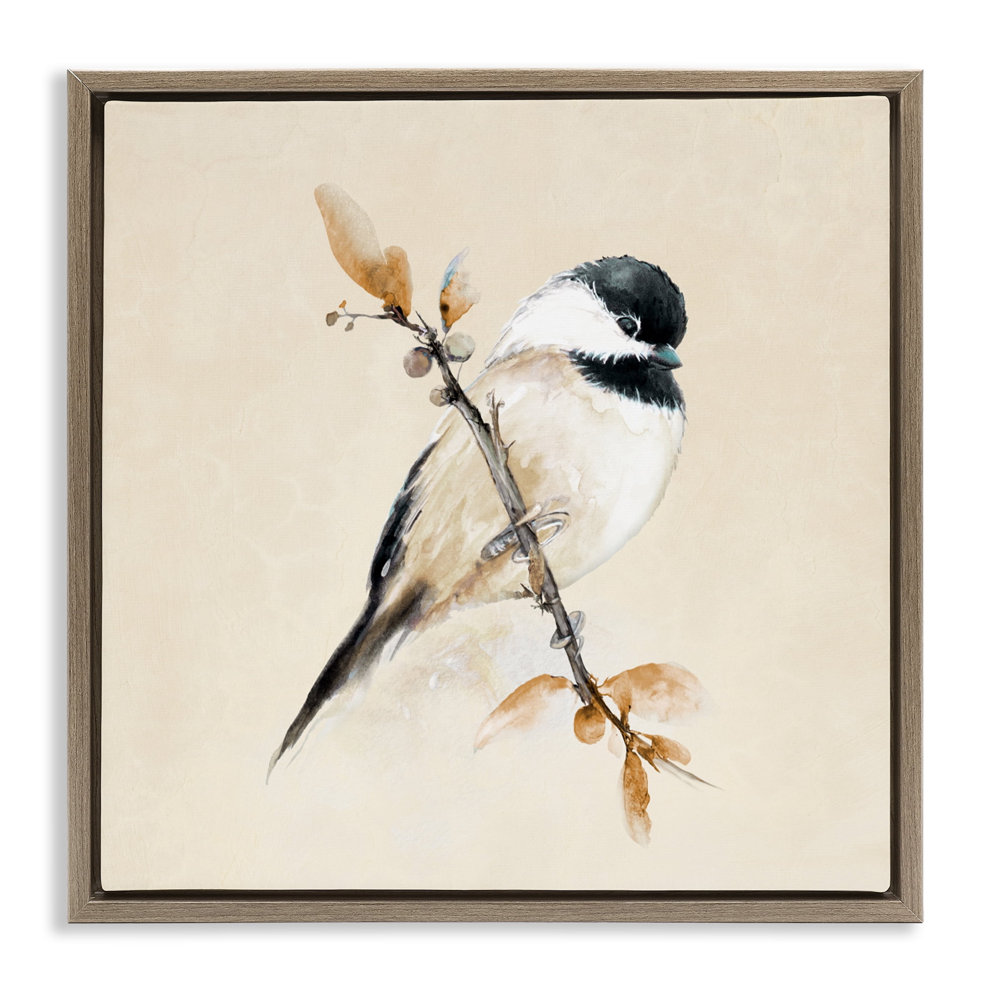 Stupell Industries Muted Watercolor Chickadee Brown Framed Floater Canvas Wall Art, design by Diannart