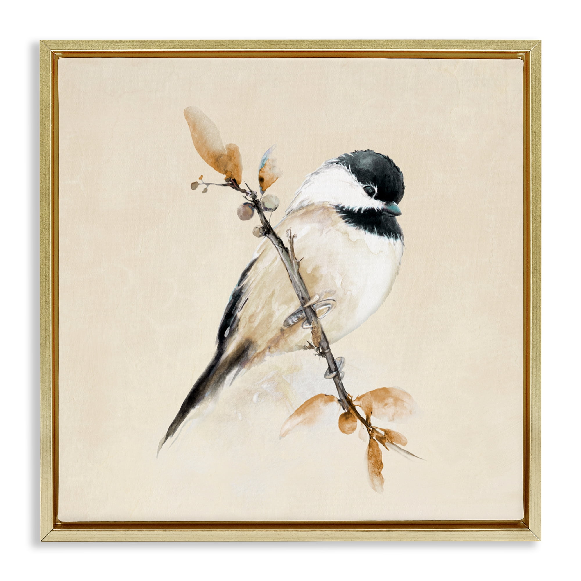 Stupell Industries Muted Watercolor Chickadee Gold Framed Floater Canvas Wall Art, design by Diannart