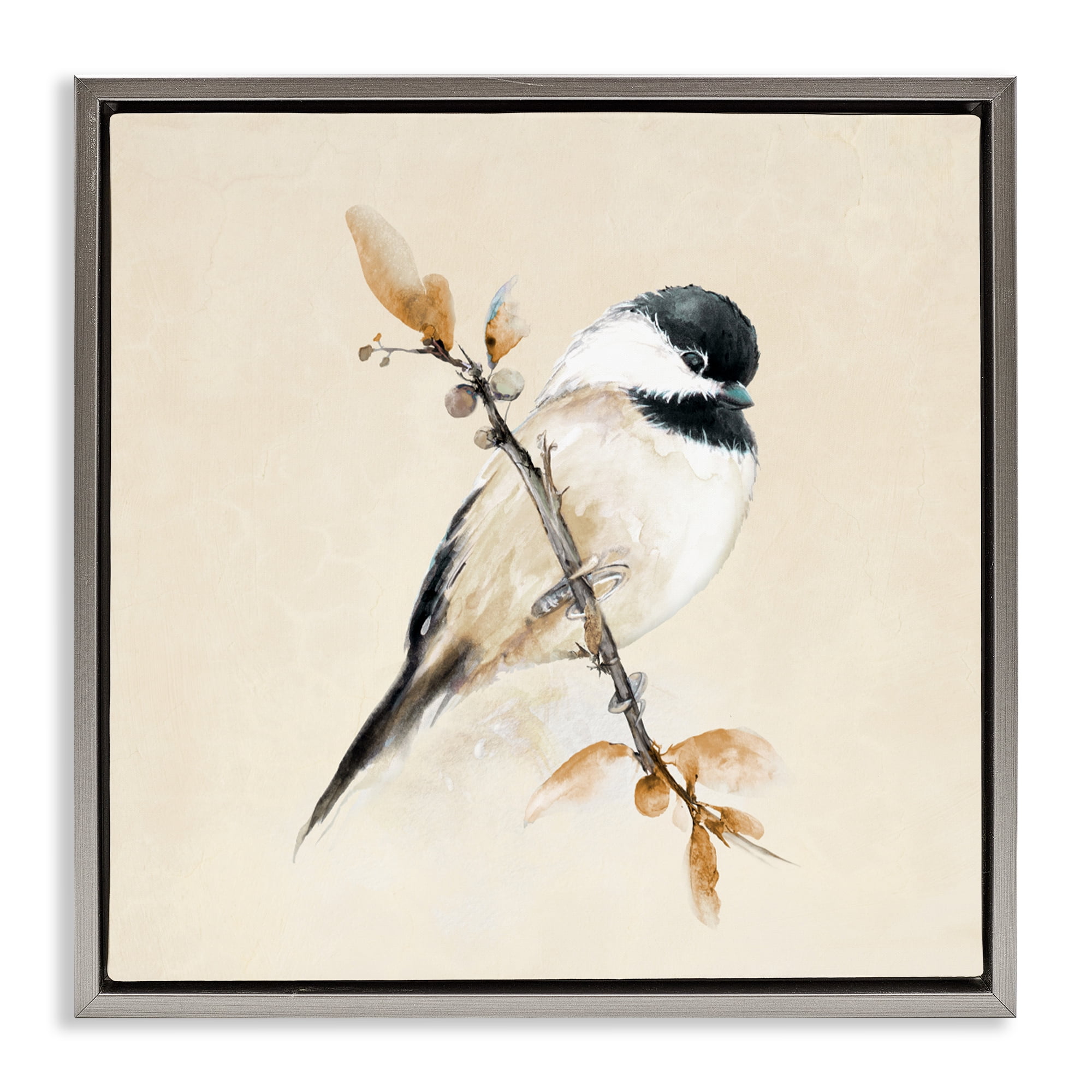 Stupell Industries Muted Watercolor Chickadee Gray Framed Floater Canvas Wall Art, design by Diannart