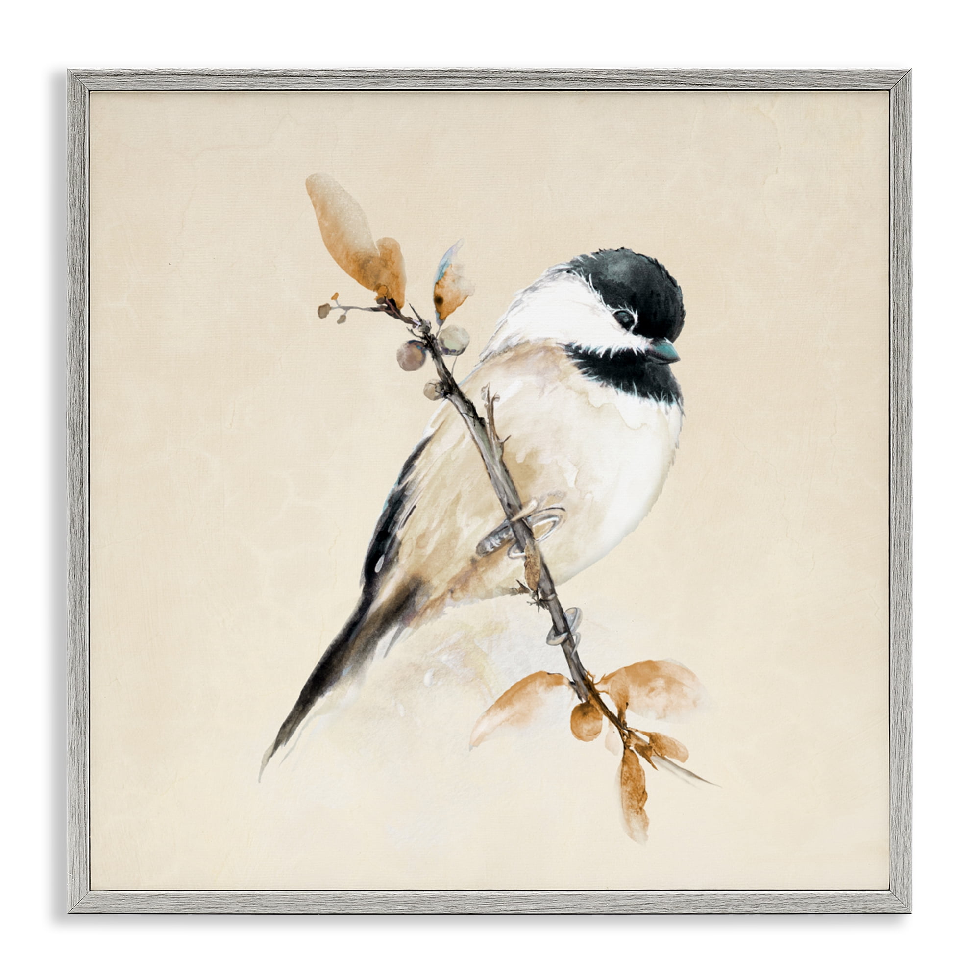 Stupell Industries Muted Watercolor Chickadee Gray Framed Giclee Art, design by Diannart
