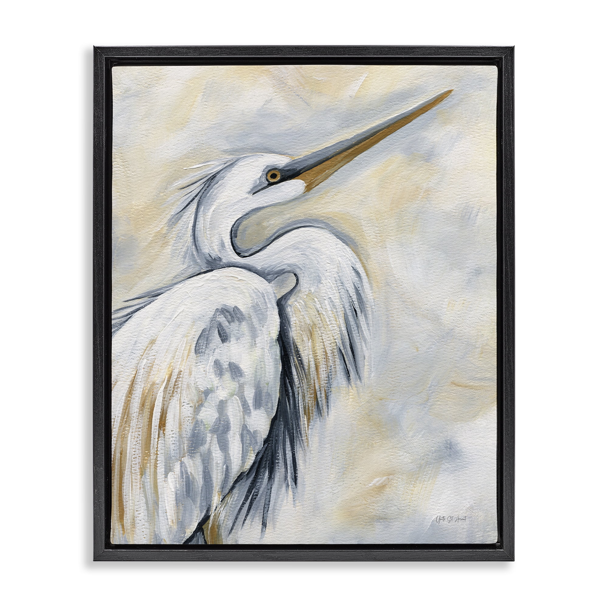 Stupell Industries Muted White Egret Animals & Insects Painting Black Floater Framed Canvas Art Print Wall Art, 25 x 31