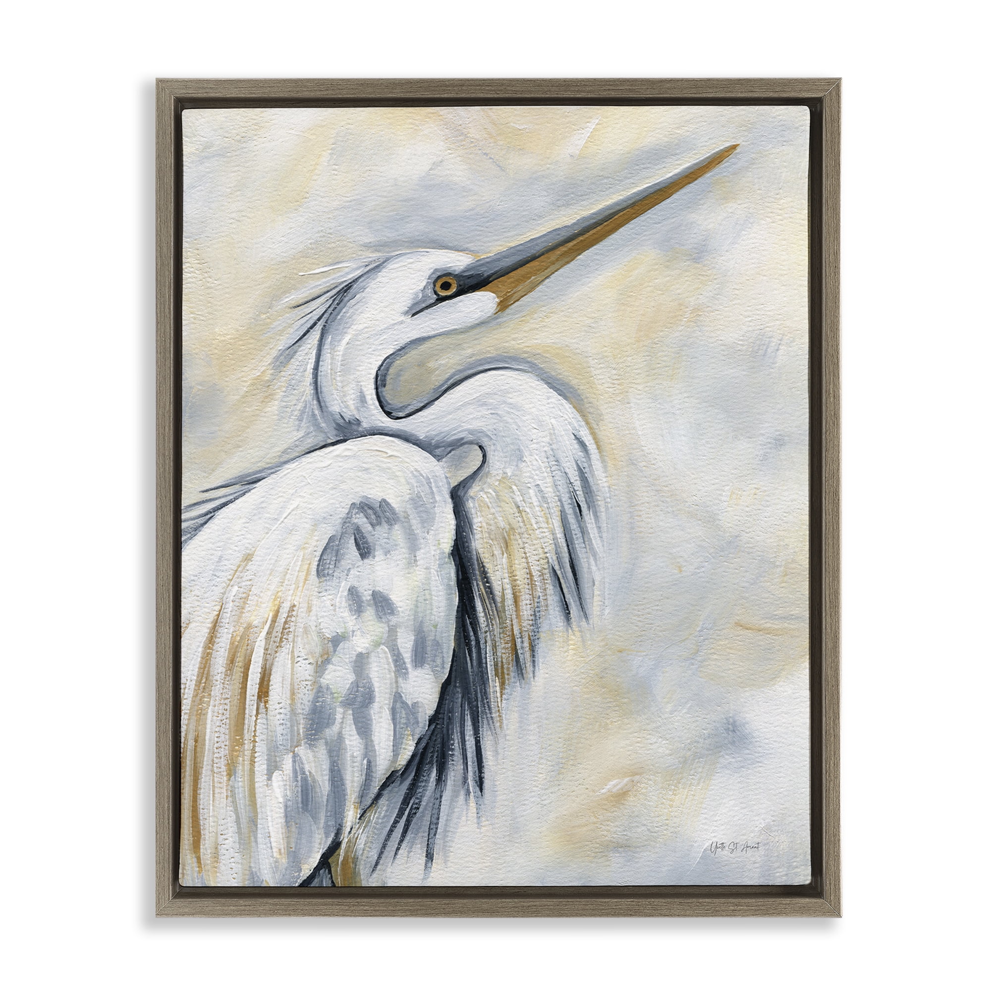 Stupell Industries Muted White Egret Animals & Insects Painting Brown Floater Framed Canvas Art Print Wall Art, 17 x 21