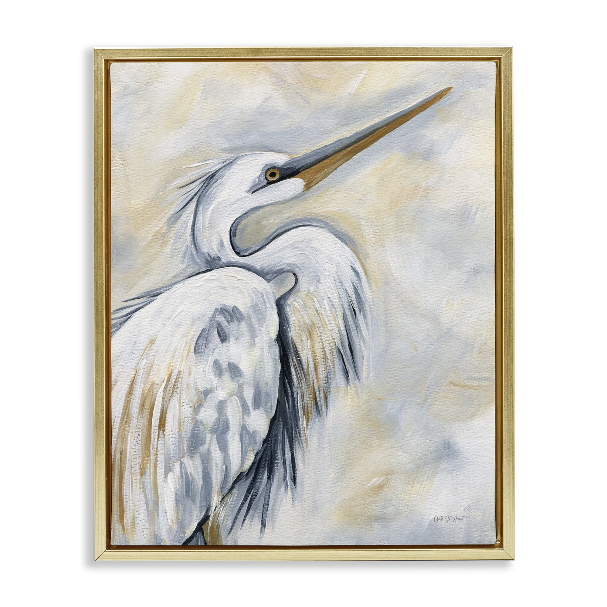 Stupell Industries Muted White Egret Animals & Insects Painting Gold Floater Framed Canvas Art Print Wall Art, 17 x 21