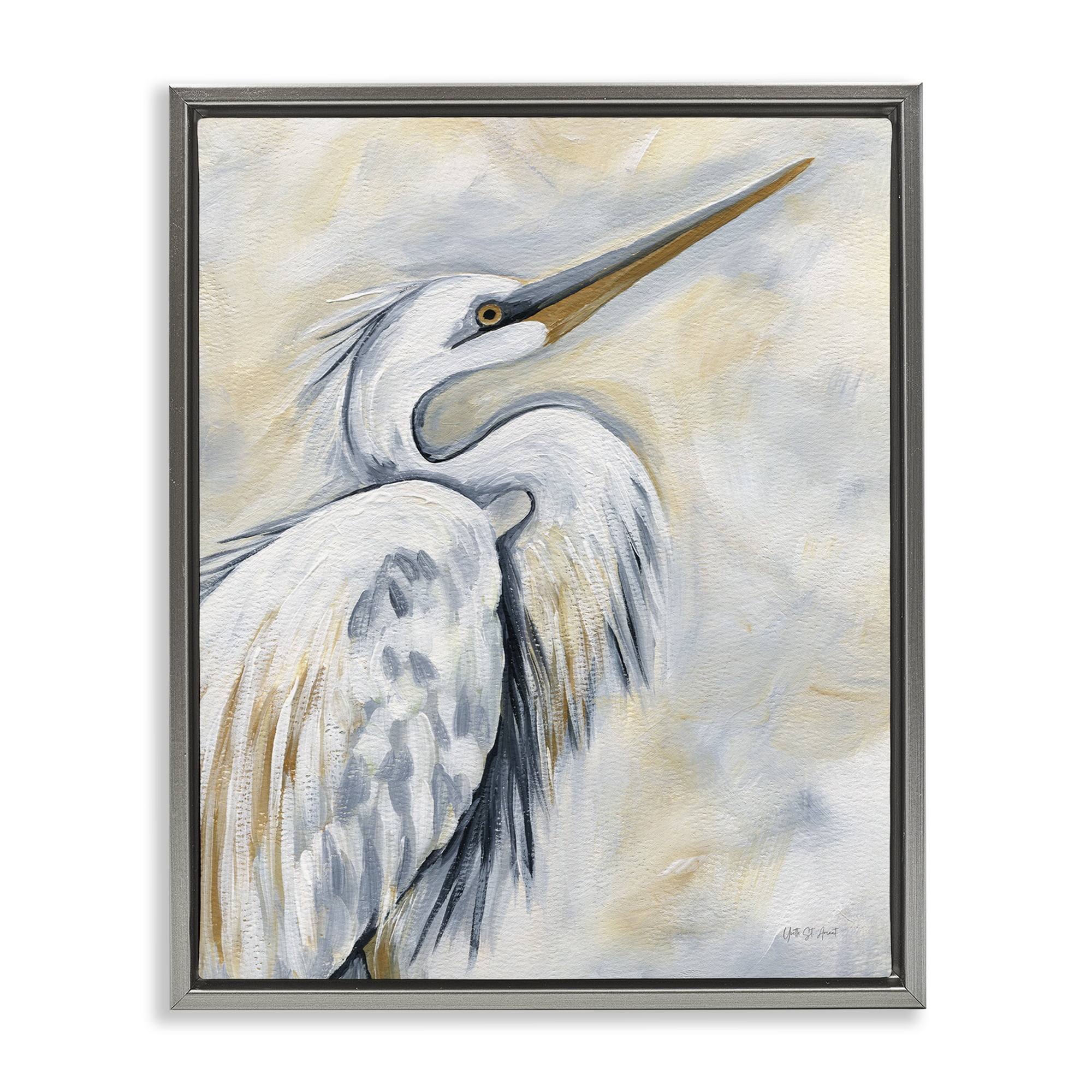 Stupell Industries Muted White Egret Animals & Insects Painting Gray Floater Framed Canvas Art Print Wall Art, 25 x 31