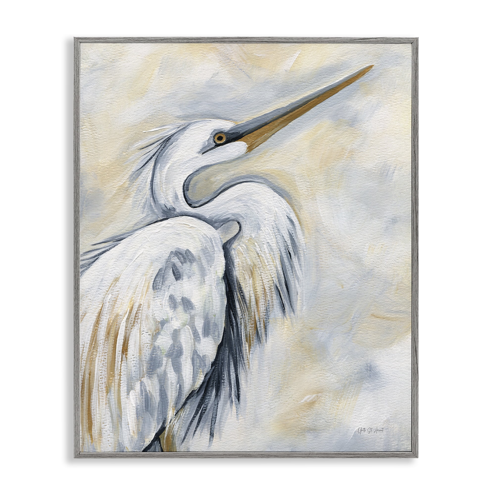 Stupell Industries Muted White Egret Animals & Insects Painting Gray Framed Art Print Wall Art, 24 x 30