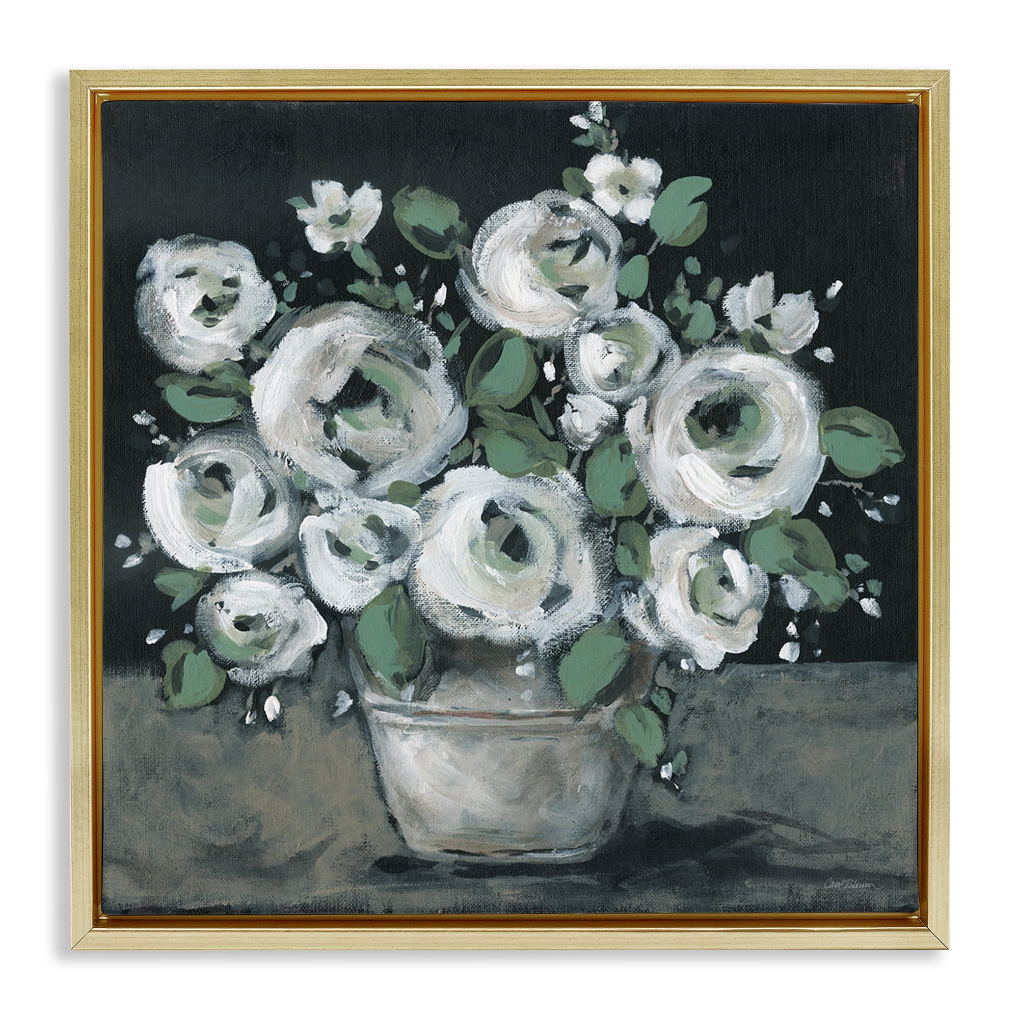 Stupell Industries Muted White Rose Bouquet Plants & Flowers Painting Gold Floater Framed Canvas Art Print Wall Art, 25 x 25