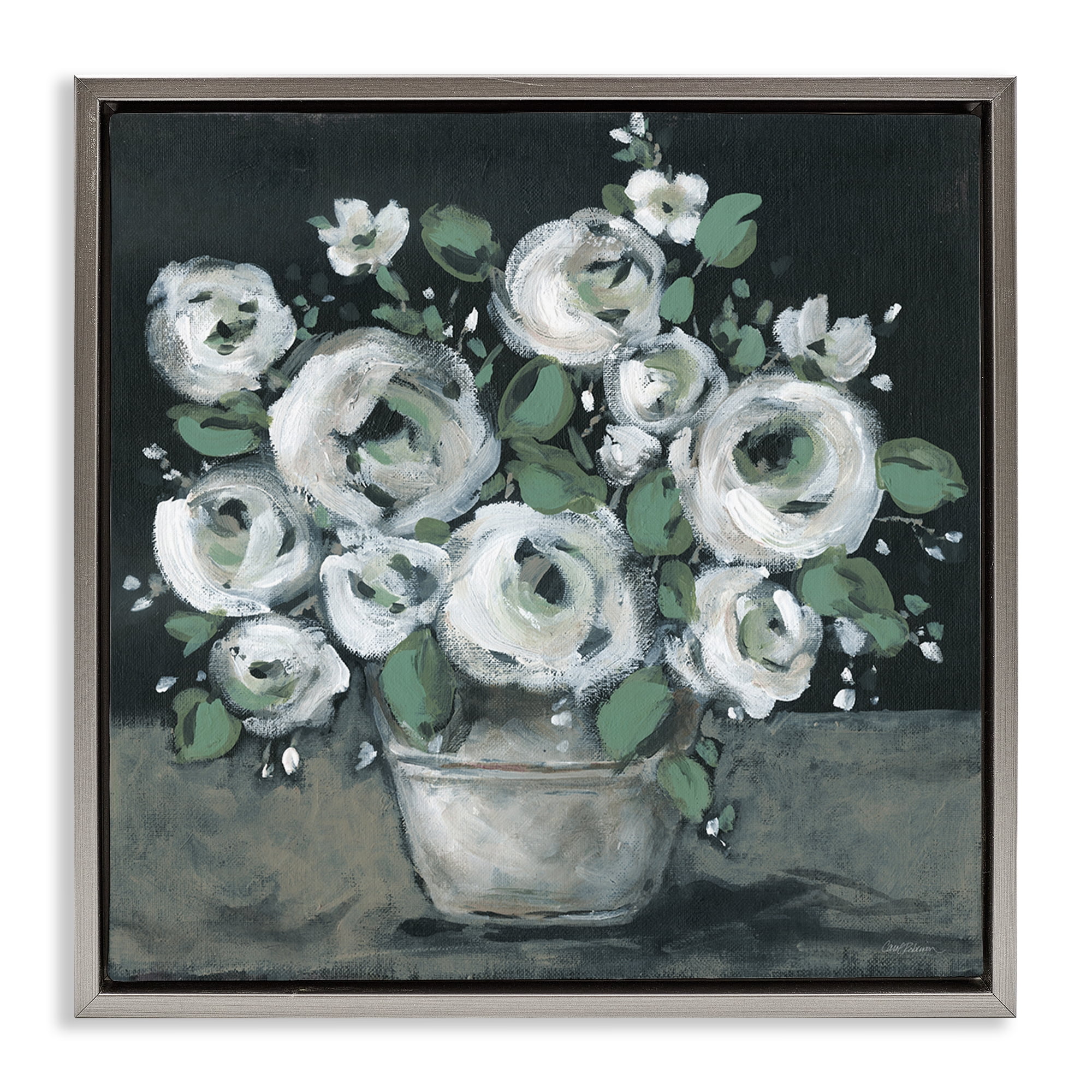Stupell Industries Muted White Rose Bouquet Plants & Flowers Painting Gray Floater Framed Canvas Art Print Wall Art, 18 x 18
