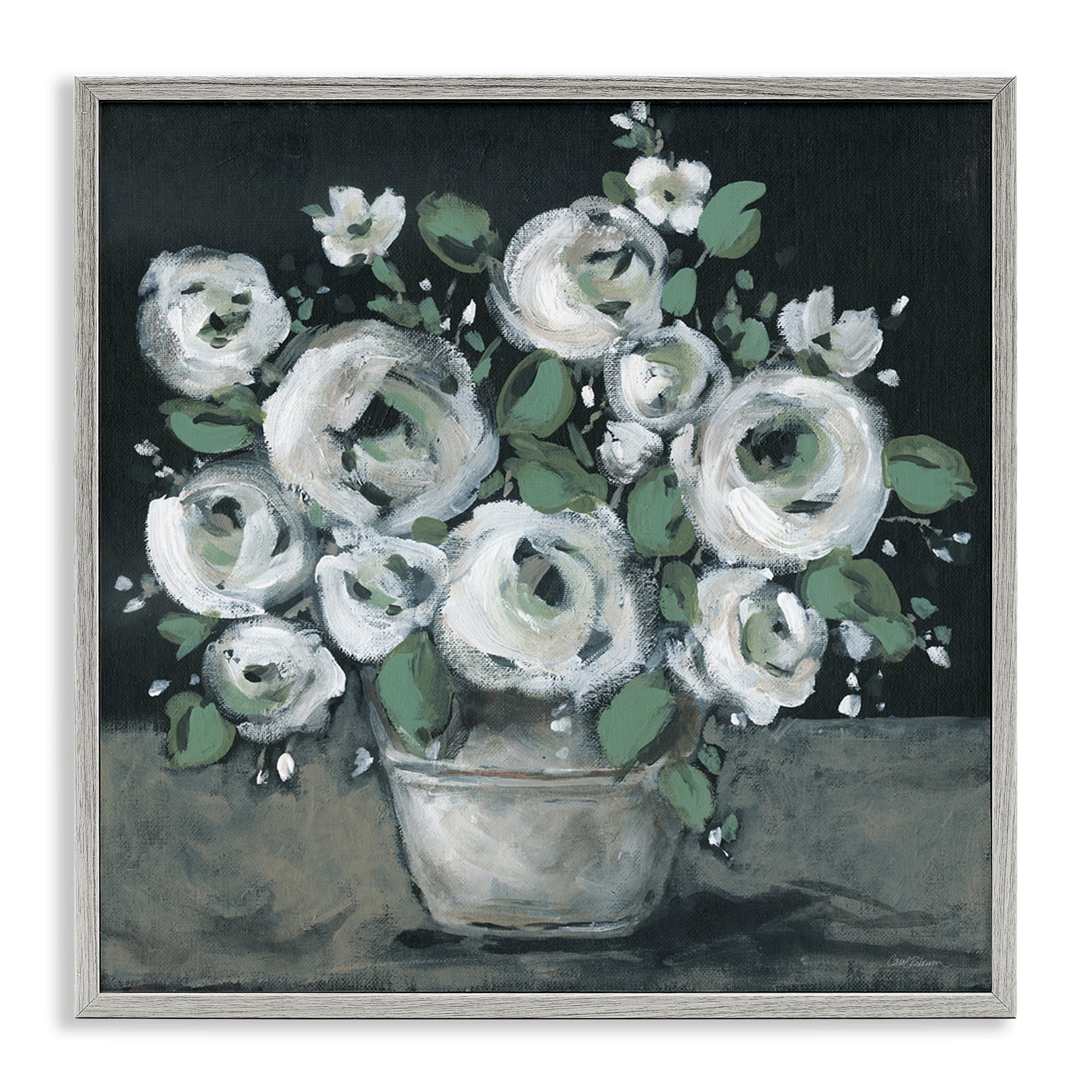 Stupell Industries Muted White Rose Bouquet Plants & Flowers Painting Gray Framed Art Print Wall Art, 24 x 24