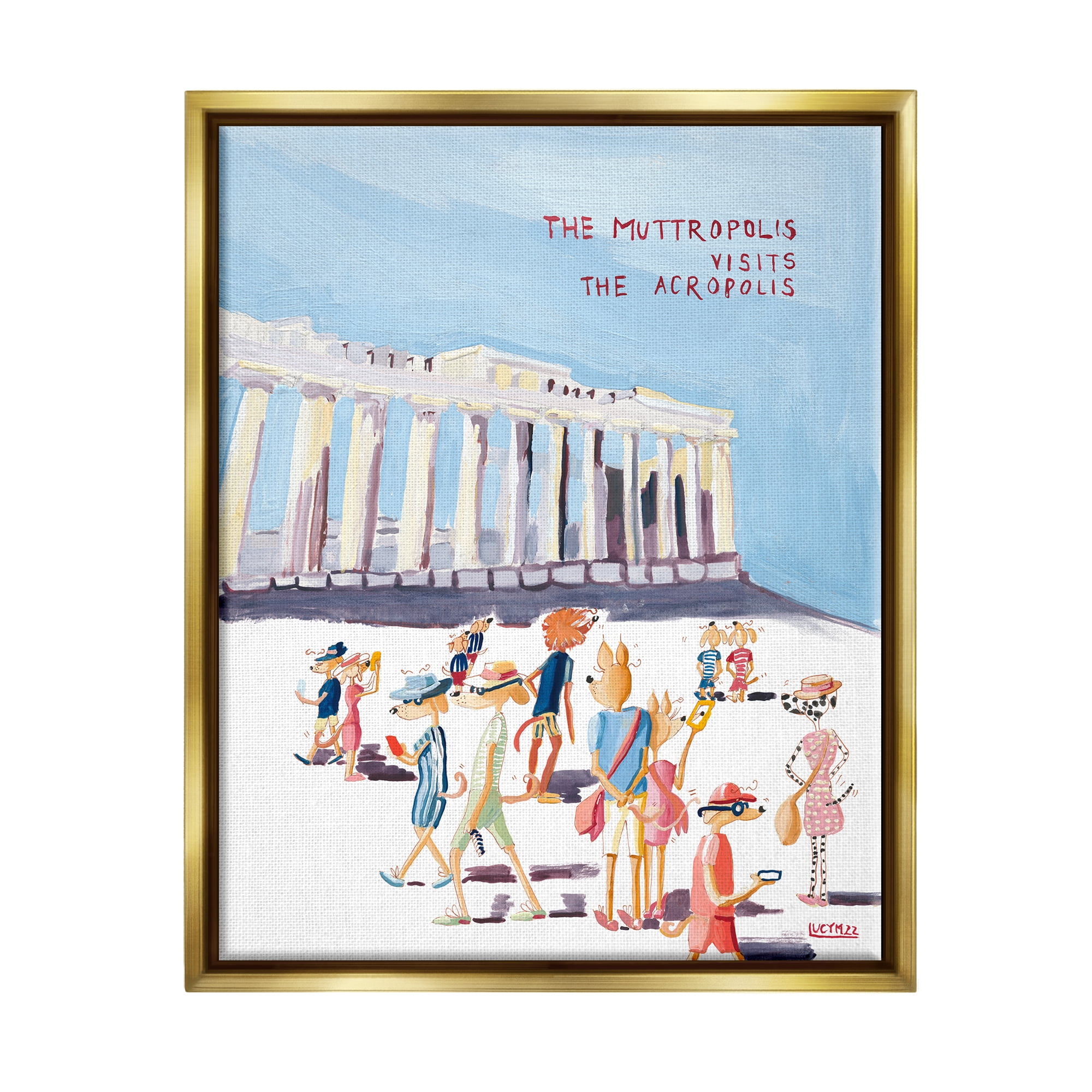 Stupell Industries Muttropolis Visits Acropolis Funny Animals & Insects Painting Gold Floater Framed Art Print Wall Art